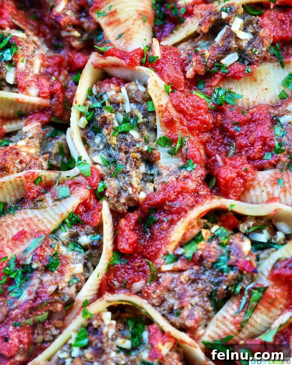 Hearty Dairy-Free Beef Stuffed Shells 3 A close-up shot of perfectly cooked stuffed shells with ground beef, showcasing the savory filling and melted dairy-free cheese.