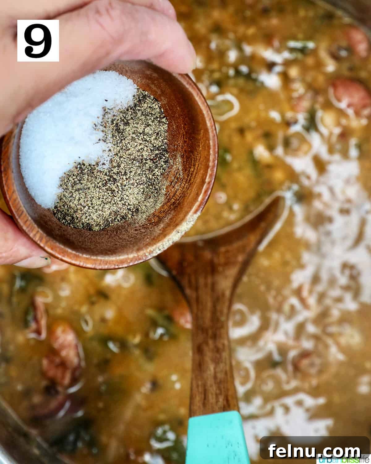 Quick Instant Pot Black Eyed Peas Soak Free 15 hand holding bowl of salt and pepper over instant pot black eyed peas.