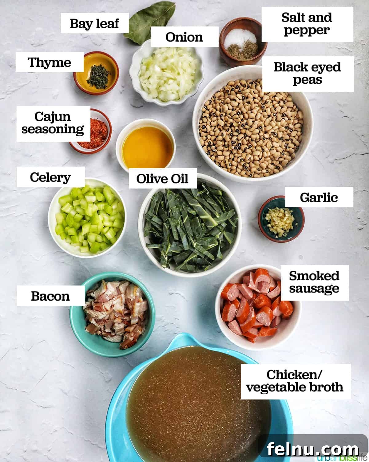 Quick Instant Pot Black Eyed Peas Soak Free 4 bowls of ingredients to make Instant Pot Black Eyed Peas.