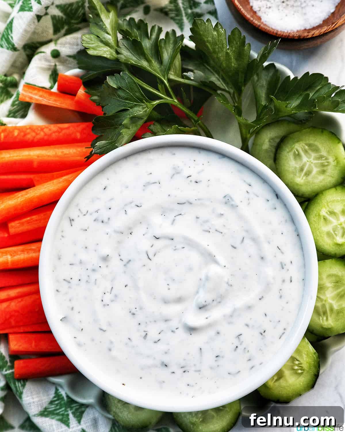A rustic bowl of homemade Dairy-Free Ranch Dressing, garnished with fresh herbs and surrounded by vibrant carrot sticks and cool cucumber slices, ready for dipping.