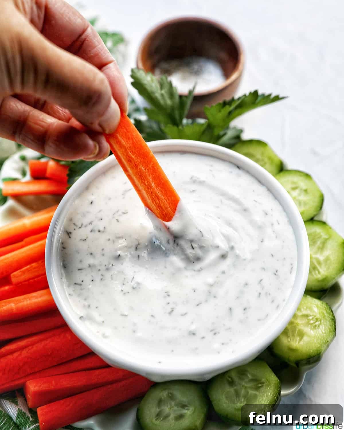 A hand dipping a vibrant carrot stick into a bowl of creamy dairy-free ranch dressing, surrounded by fresh cucumber slices and herbs.