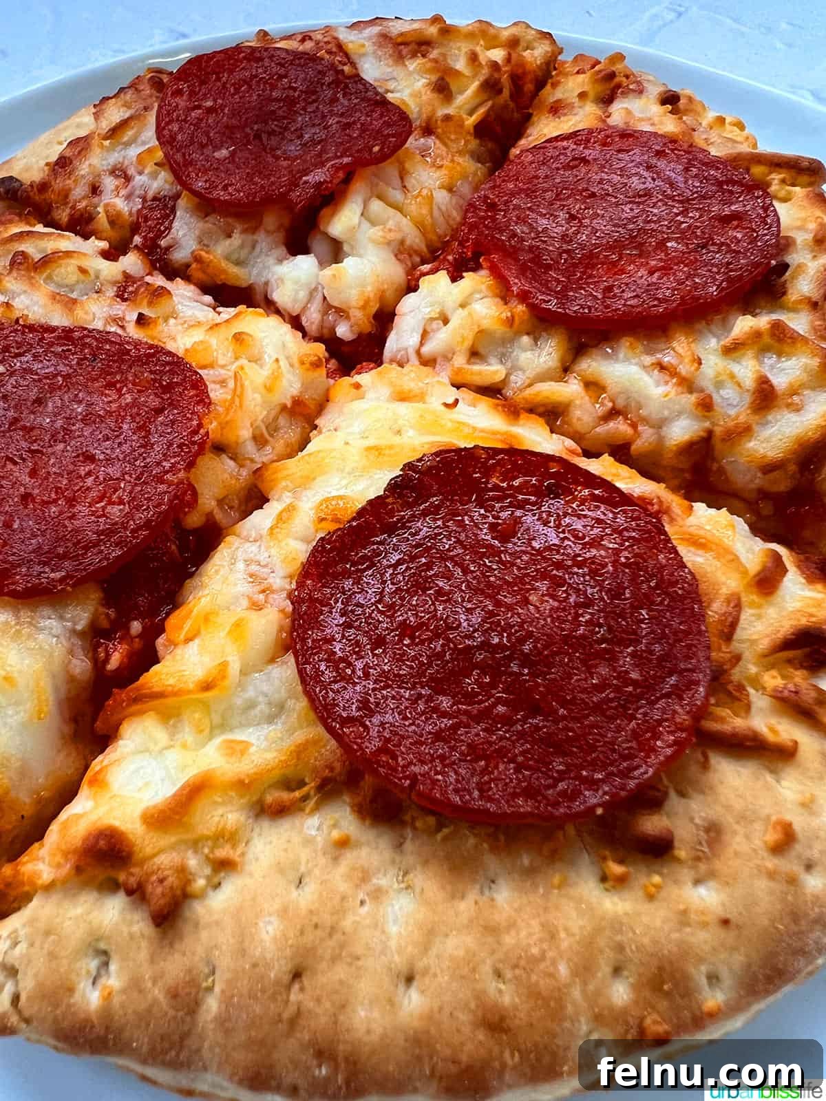 Air Fryer Pizza Perfection 2 Air fryer frozen pizza with pepperoni, showcasing its crispy texture and melted cheese.