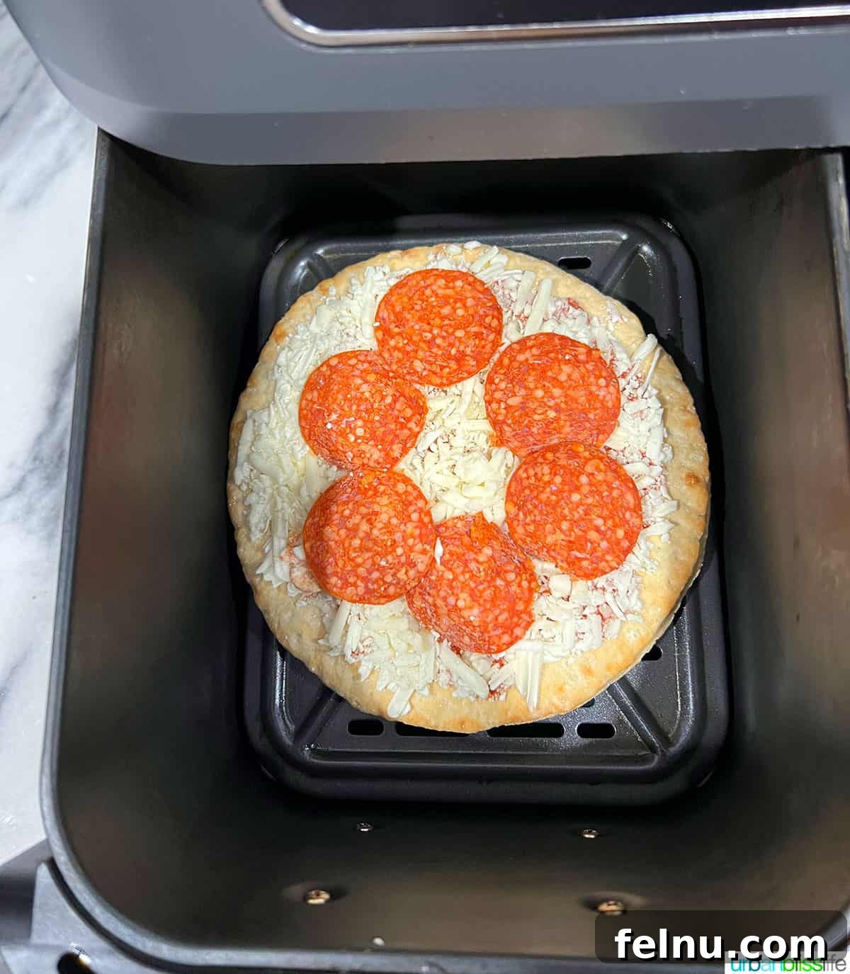 Air Fryer Pizza Perfection 5 Frozen pepperoni pizza placed on the air fryer rack, ready to be cooked.