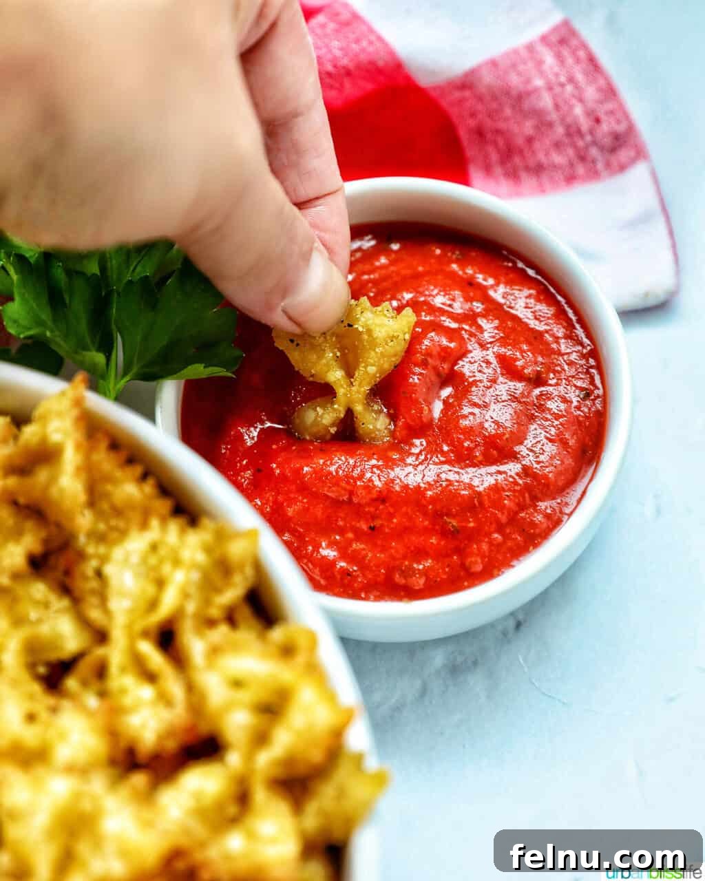 Air Fryer Pasta Chips
Crispy Air-Fried Pasta Snacks 12 Hand dipping a pasta chip into marinara sauce.