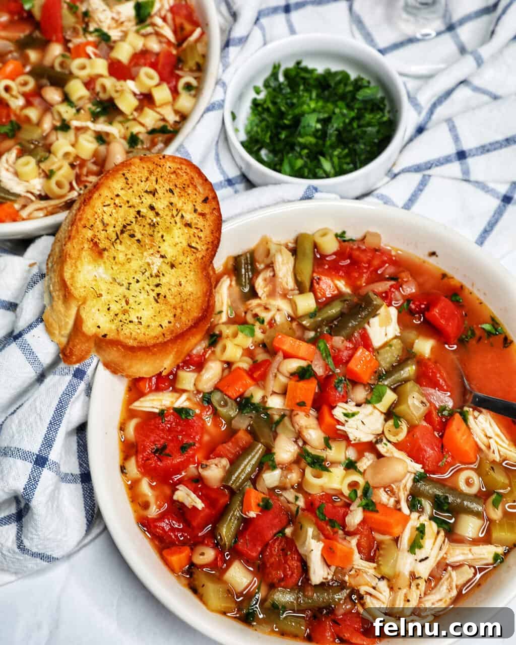 Chicken Minestrone Soup Delight 14 A steaming bowl of Chicken Minestrone Soup, garnished with parsley and served with a slice of garlic bread, inviting readers to savor its warmth and deliciousness.