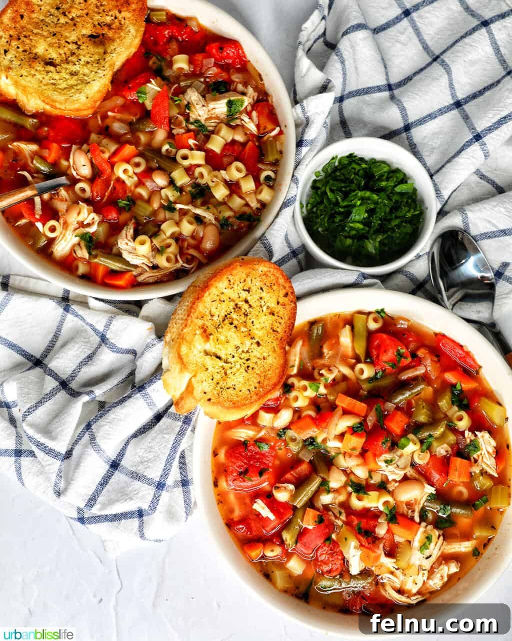 Chicken Minestrone Soup Delight 3 Two bowls of Chicken Minestrone Soup, garnished with fresh parsley and served with warm garlic bread, highlighting the soup's appeal as a comforting meal.