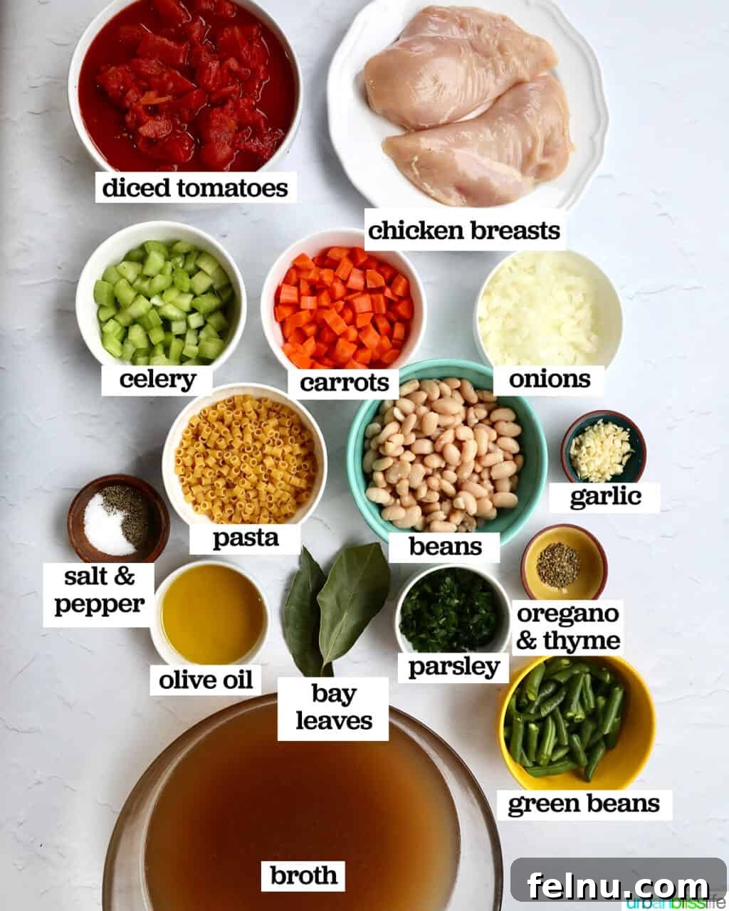 Chicken Minestrone Soup Delight 4 A collection of fresh ingredients for Chicken Minestrone Soup, including chopped vegetables, herbs, chicken broth, and pasta, emphasizing the recipe's reliance on wholesome components.