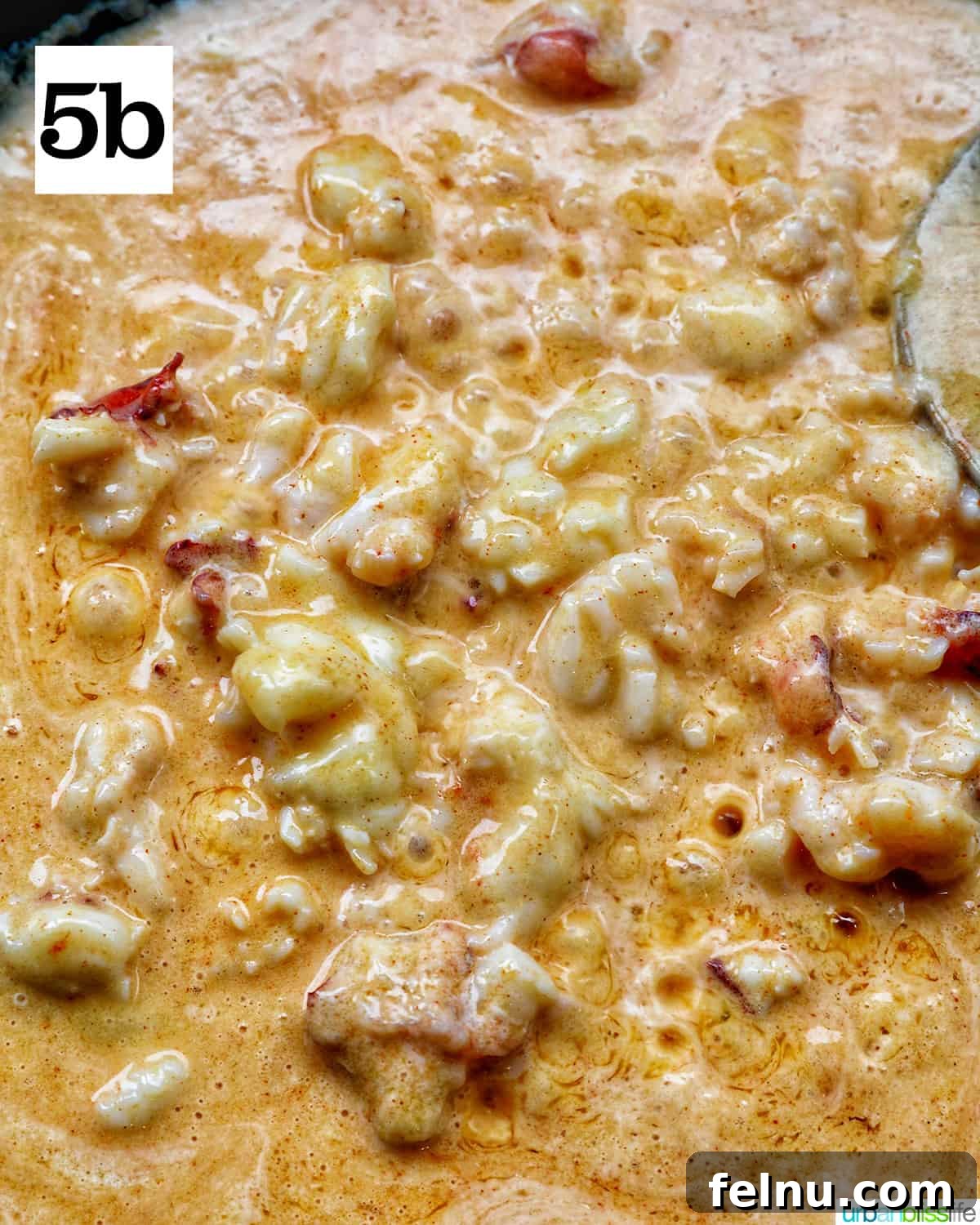 Luxurious Lobster Pasta 11 lobster and dairy free cream sauce bubbling in a skillet.