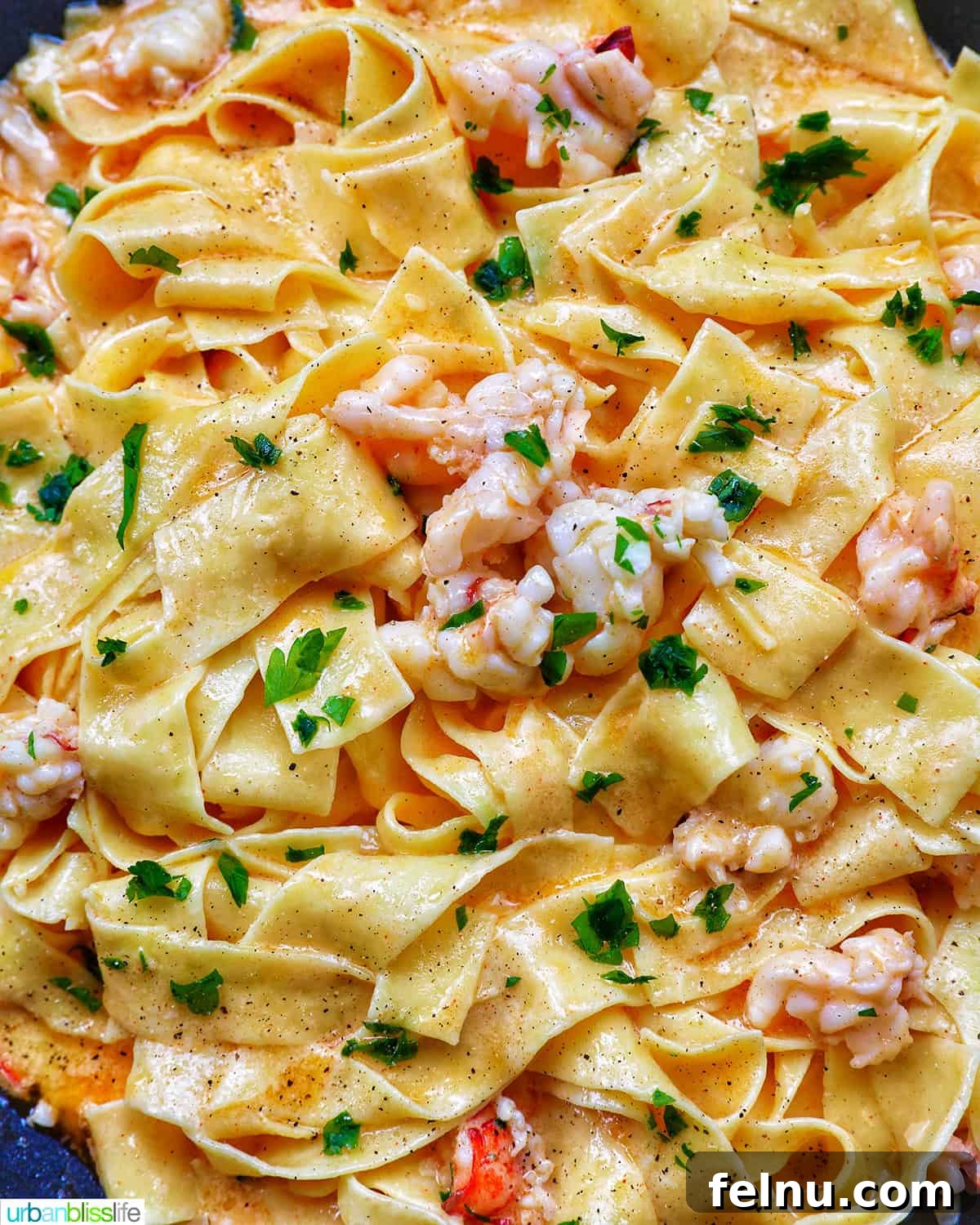 Luxurious Lobster Pasta 3 close-up of lobster with pappardelle pasta in a skillet, showing its rich texture.