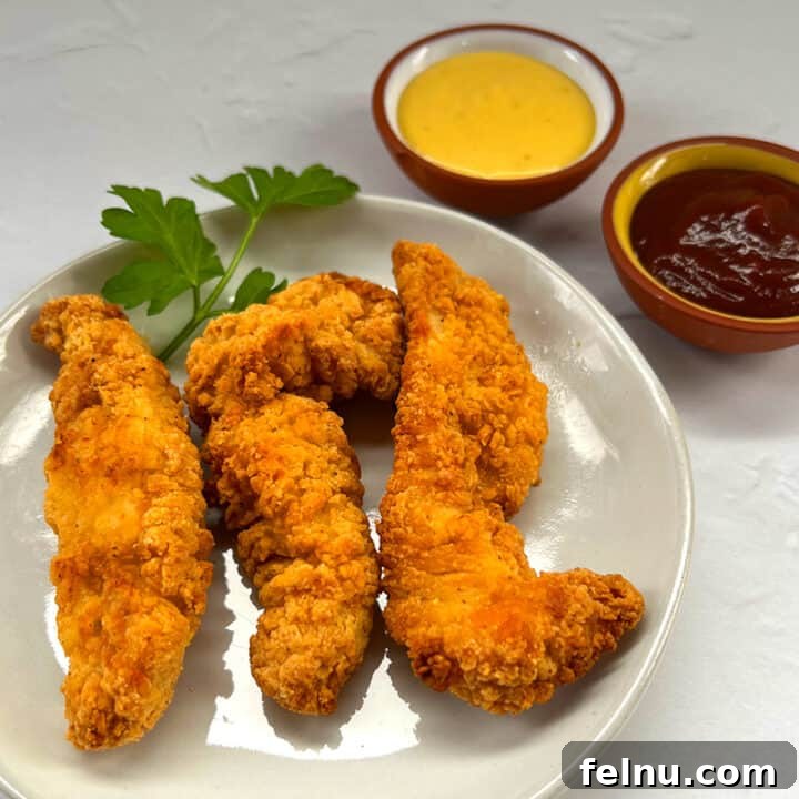 Air fryer frozen chicken tenders on a plate with bbq and honey mustard sauce.
