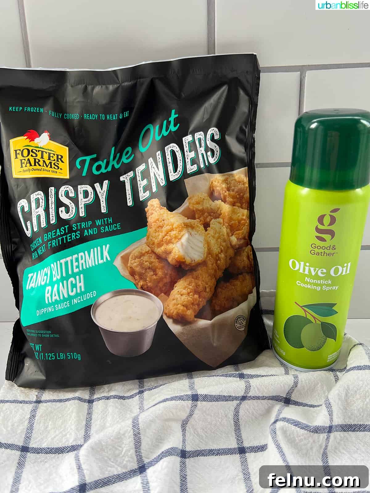 Air Fryer Frozen Chicken Tenders Made Perfect 4 A bag of Foster Farms Take Out frozen chicken tenders, showing the raw product before cooking.