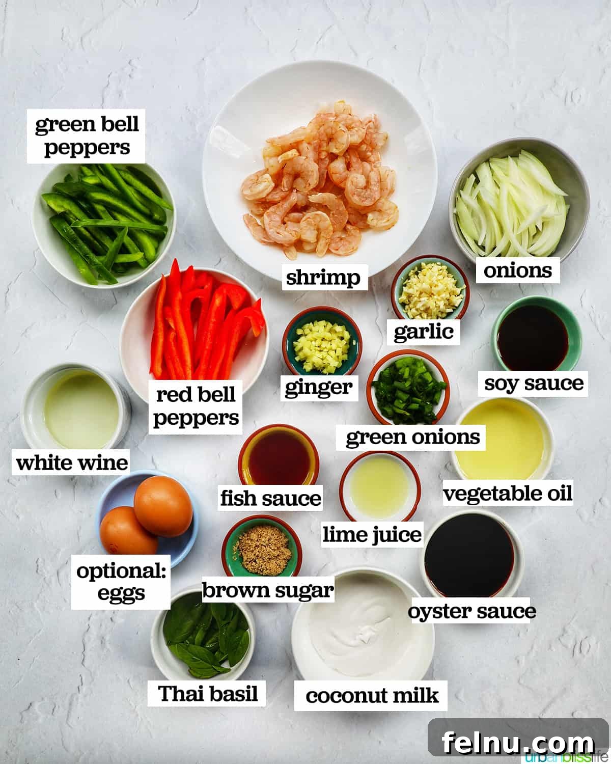 Thai Basil Prawn Stir-Fry 4 An array of fresh ingredients for making Thai Basil Shrimp.