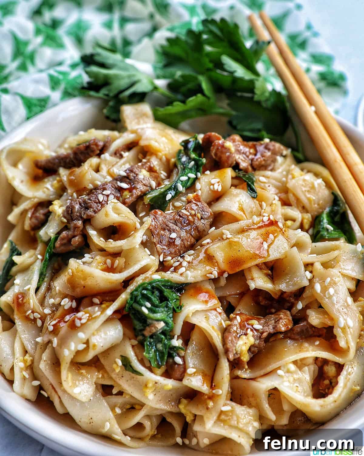 Savory Thai Beef Pad See Ew Noodles 2 A vibrant bowl of homemade Beef Pad See Ew, featuring wide rice noodles, tender beef, fresh bok choy, and a rich, glossy sauce. Chopsticks are poised to enjoy the dish.