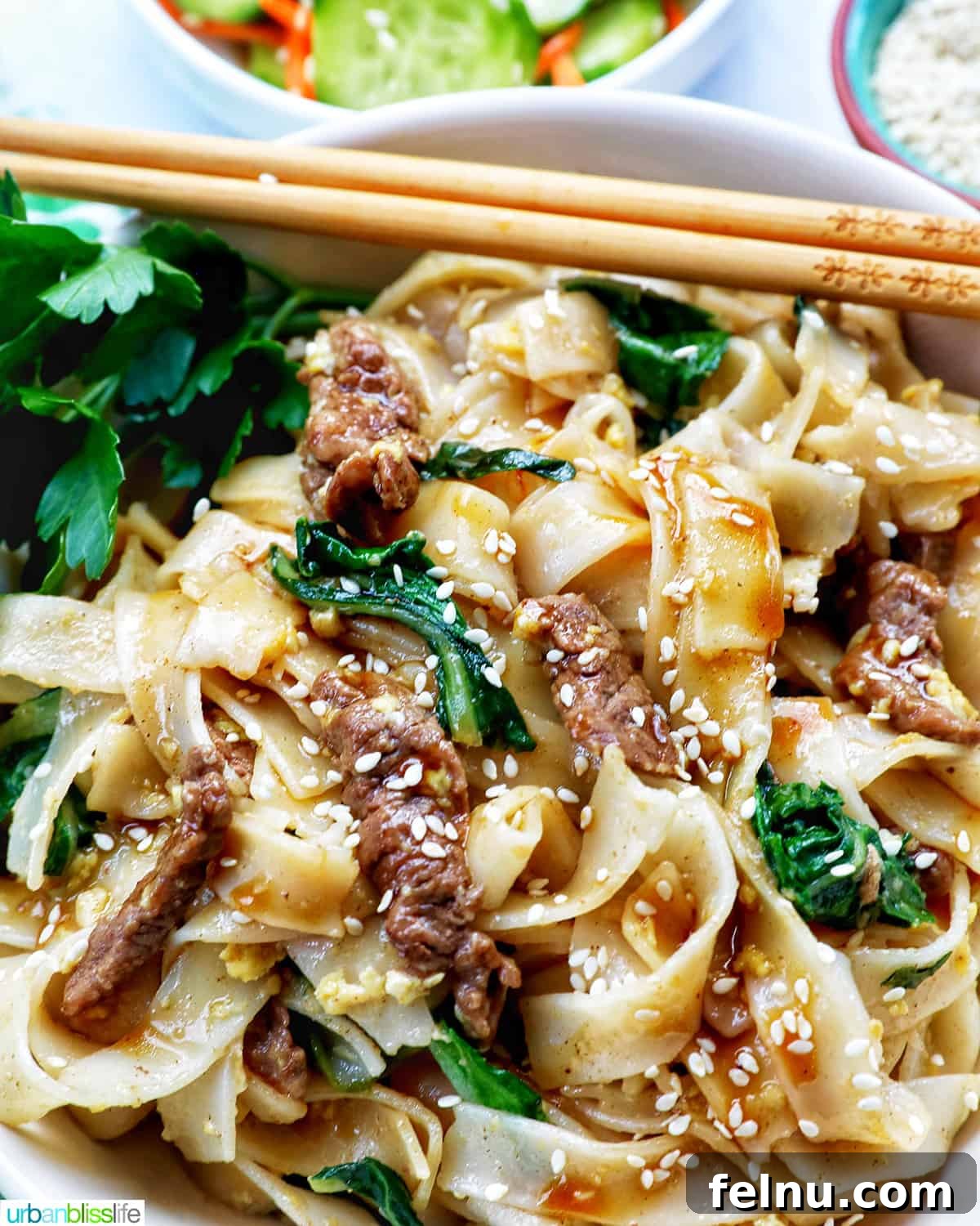 Savory Thai Beef Pad See Ew Noodles 3 Close-up of a bowl of Beef Pad See Ew, showcasing the wide, glossy noodles, succulent beef, and fresh bok choy, ready to be picked up with chopsticks.