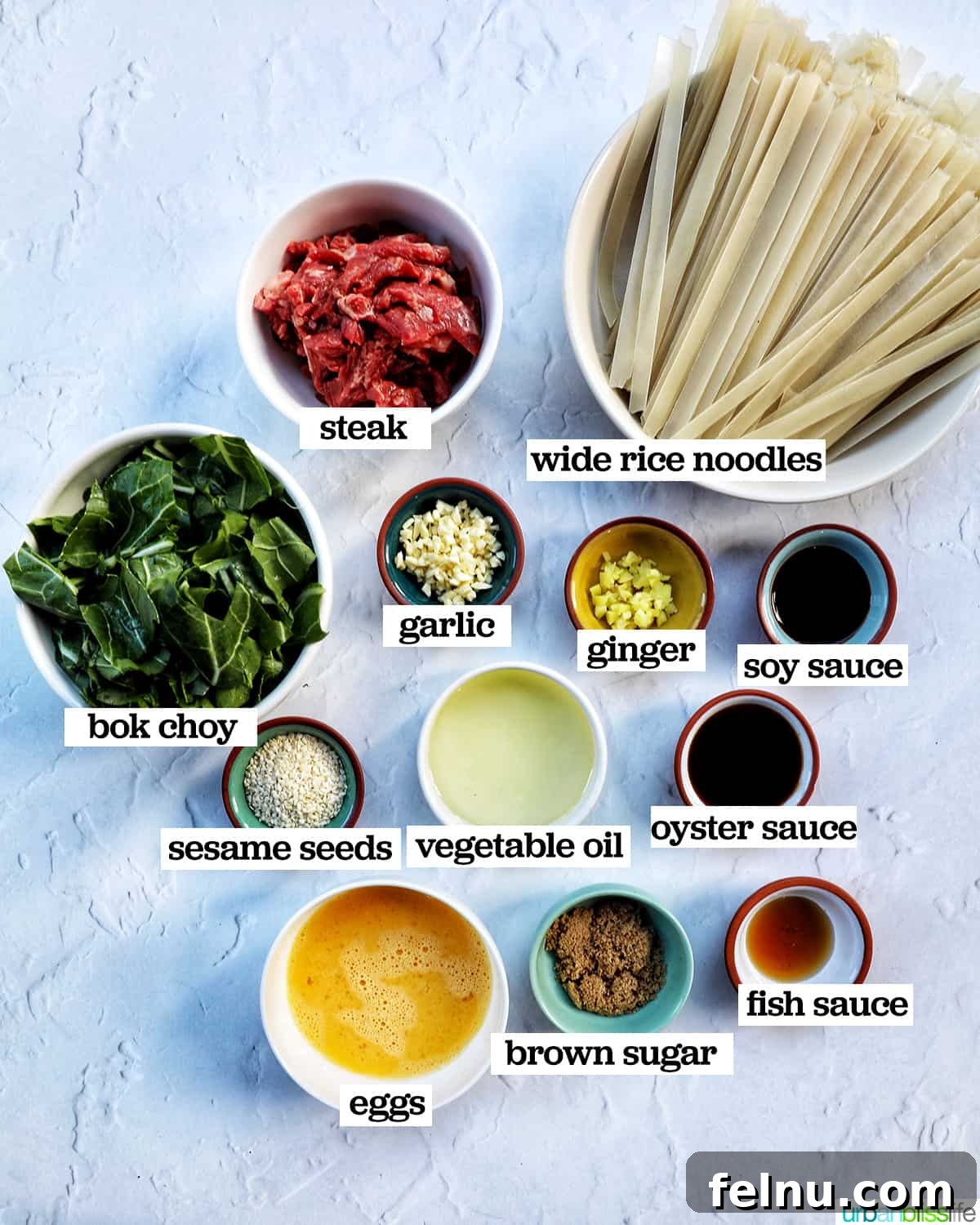 Savory Thai Beef Pad See Ew Noodles 4 Various ingredients for Beef Pad See Ew laid out in separate bowls on a wooden surface, including sliced beef, wide rice noodles, bok choy, and sauce components.