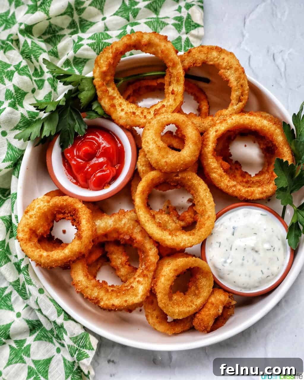 Air Fryer Frozen Onion Rings: Crispy Perfection 2 Air fryer onion rings served with ranch and ketchup