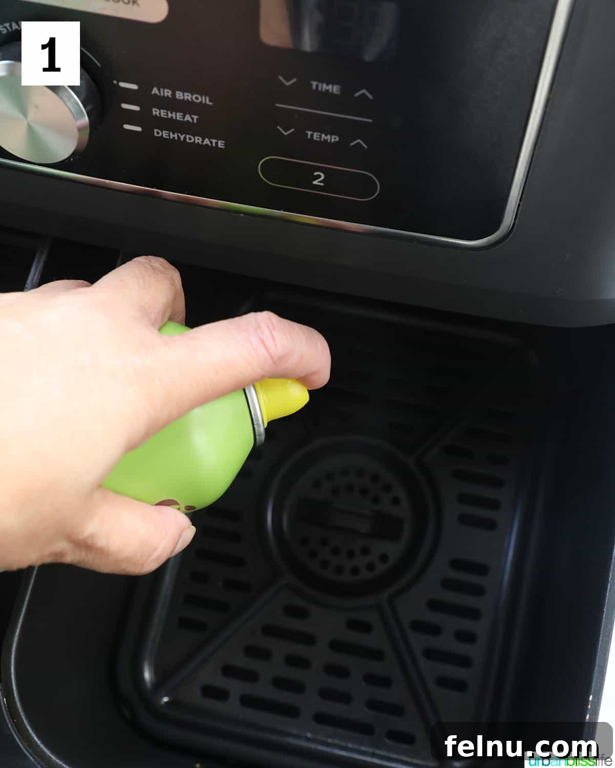 Air Fryer Frozen Onion Rings: Crispy Perfection 5 Spraying cooking spray in air fryer basket