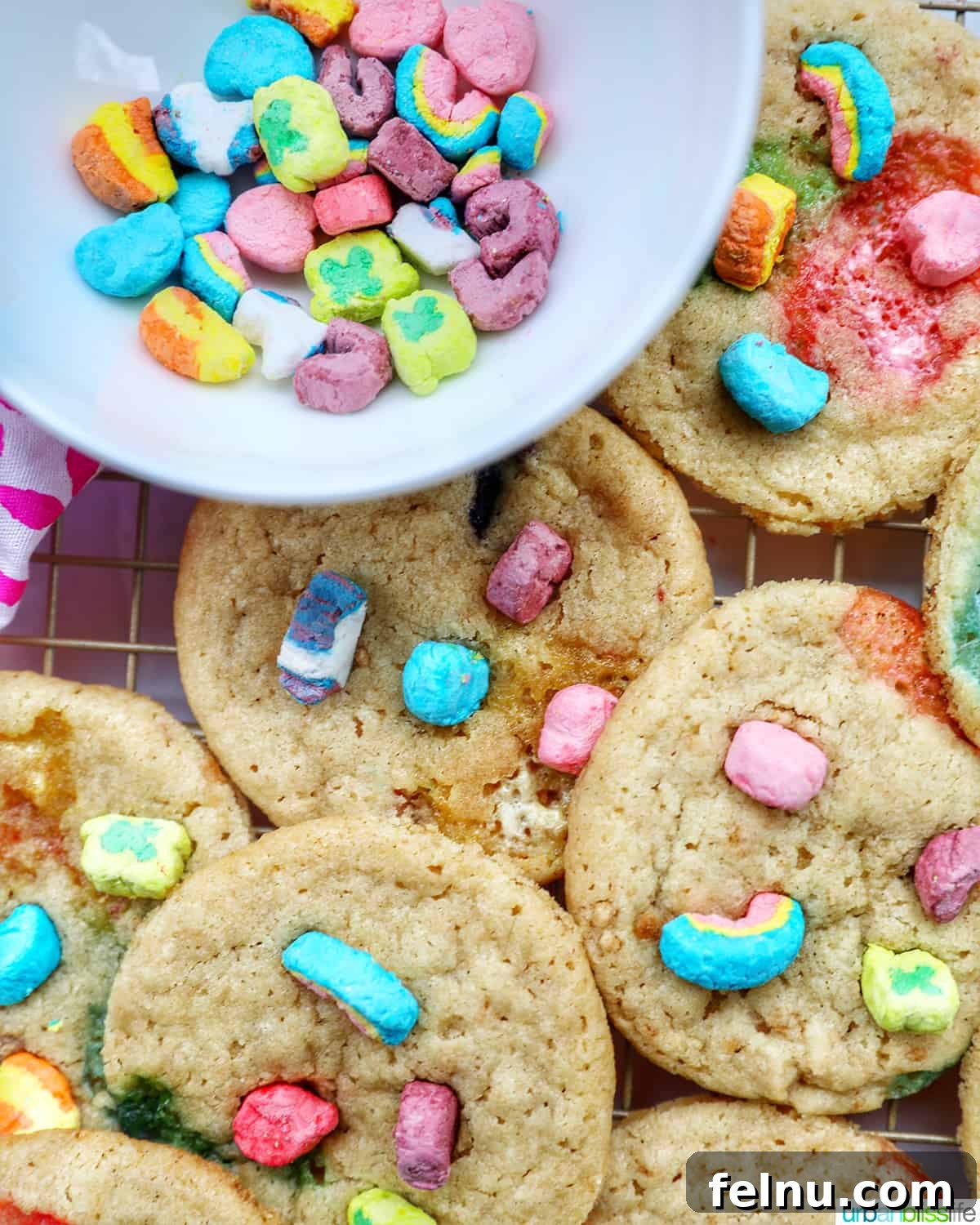 Lucky Charms Cookies 15 Close-up of Lucky Charms Cookies with a bowl of marshmallows.