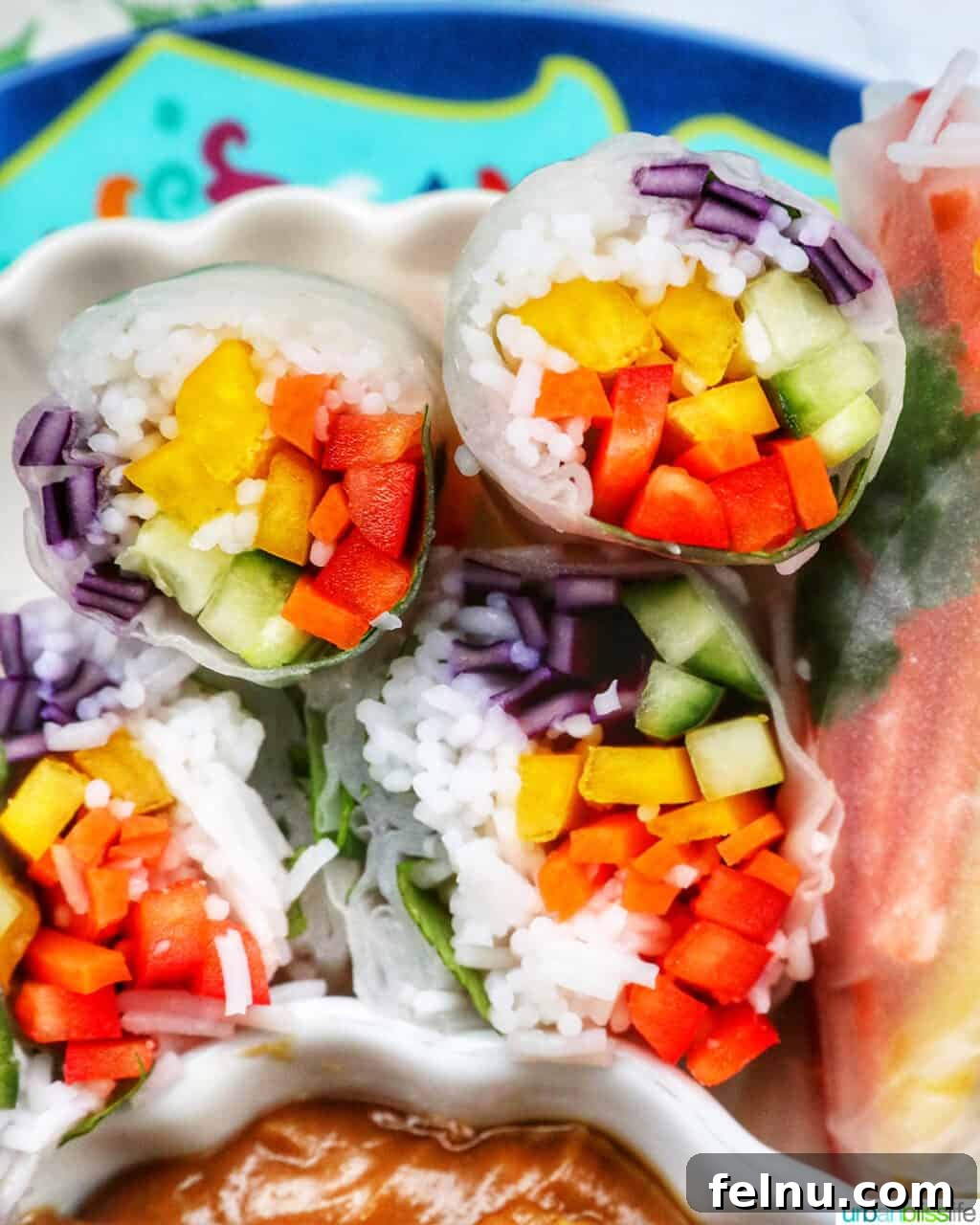 Vegan Delight: Fresh Summer Rolls 2 Vegan summer rolls sliced in half, showcasing the colorful array of vegetables and delicate vermicelli noodles inside.