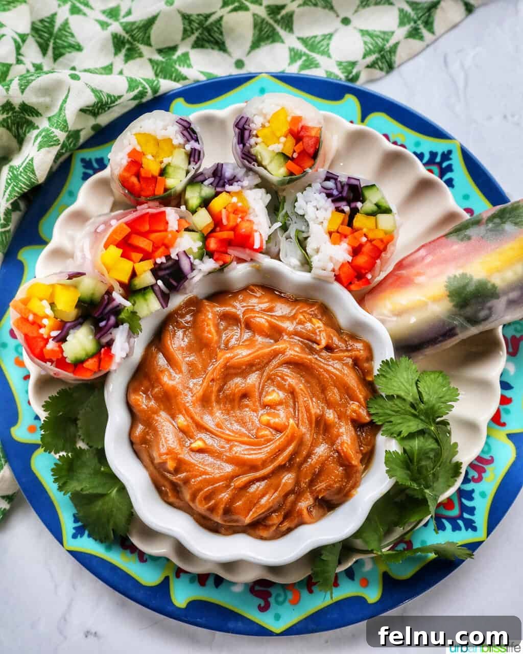 Vegan Delight: Fresh Summer Rolls 12 A colorful plate featuring several vegan summer rolls, sliced in half to showcase the vibrant filling, accompanied by a bowl of flavorful Thai peanut sauce.