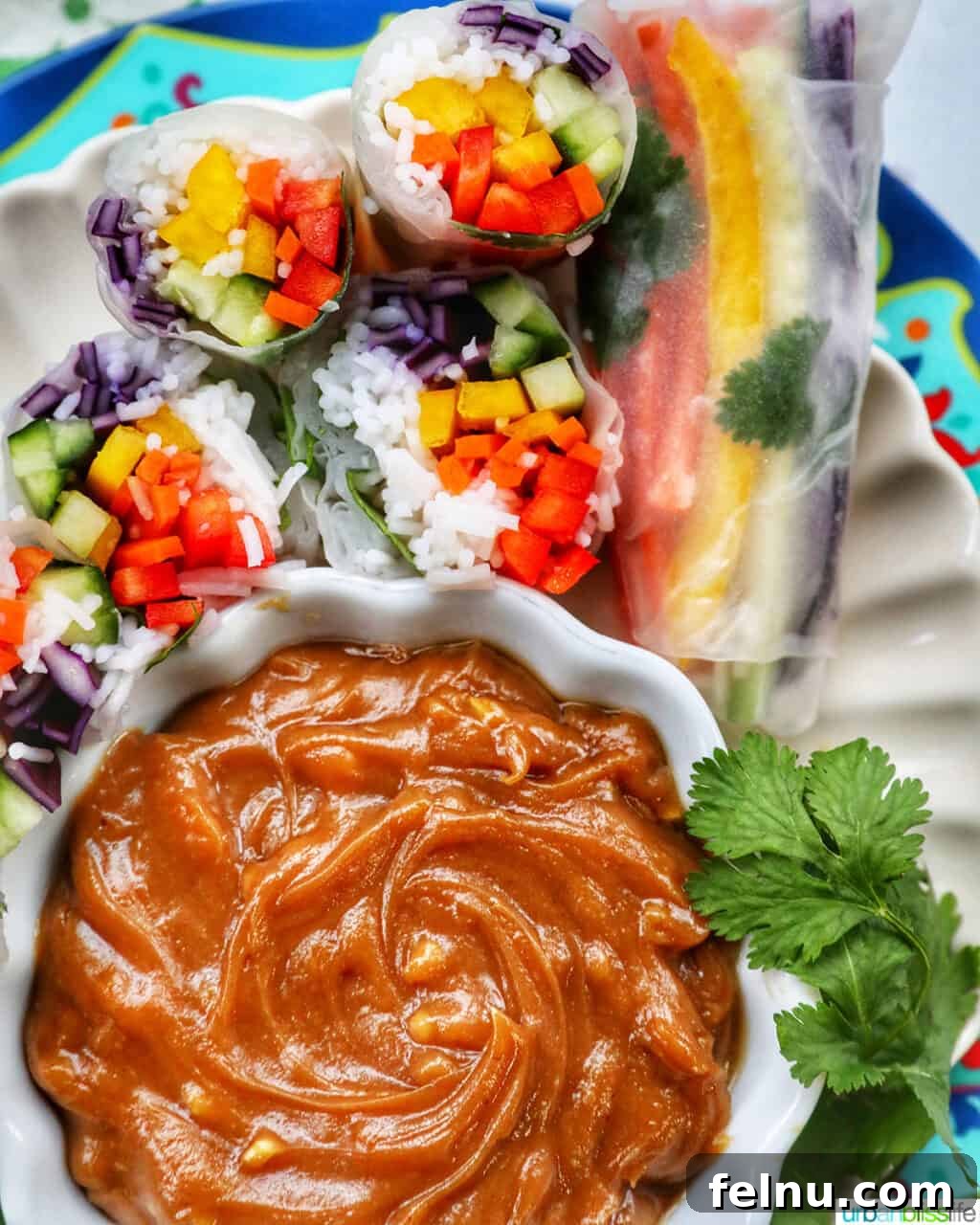 Vegan Delight: Fresh Summer Rolls 3 Vegan summer rolls, cut in half, with a generous serving of Thai peanut sauce in a separate bowl for dipping.