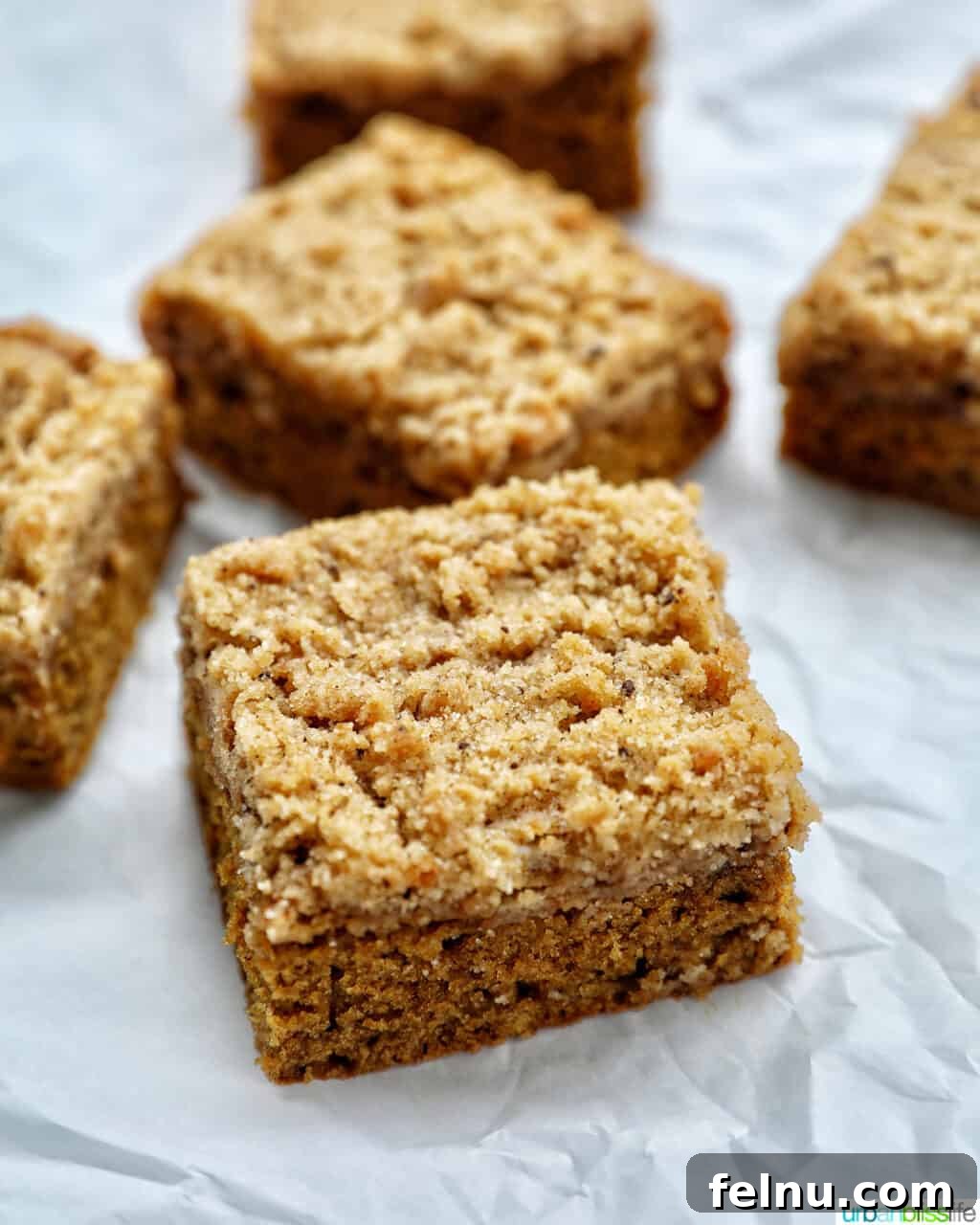 Emerald Isle Coffee Cake 20 Perfectly cut squares of Irish whiskey coffee cake resting on parchment paper, ready to be served or stored.