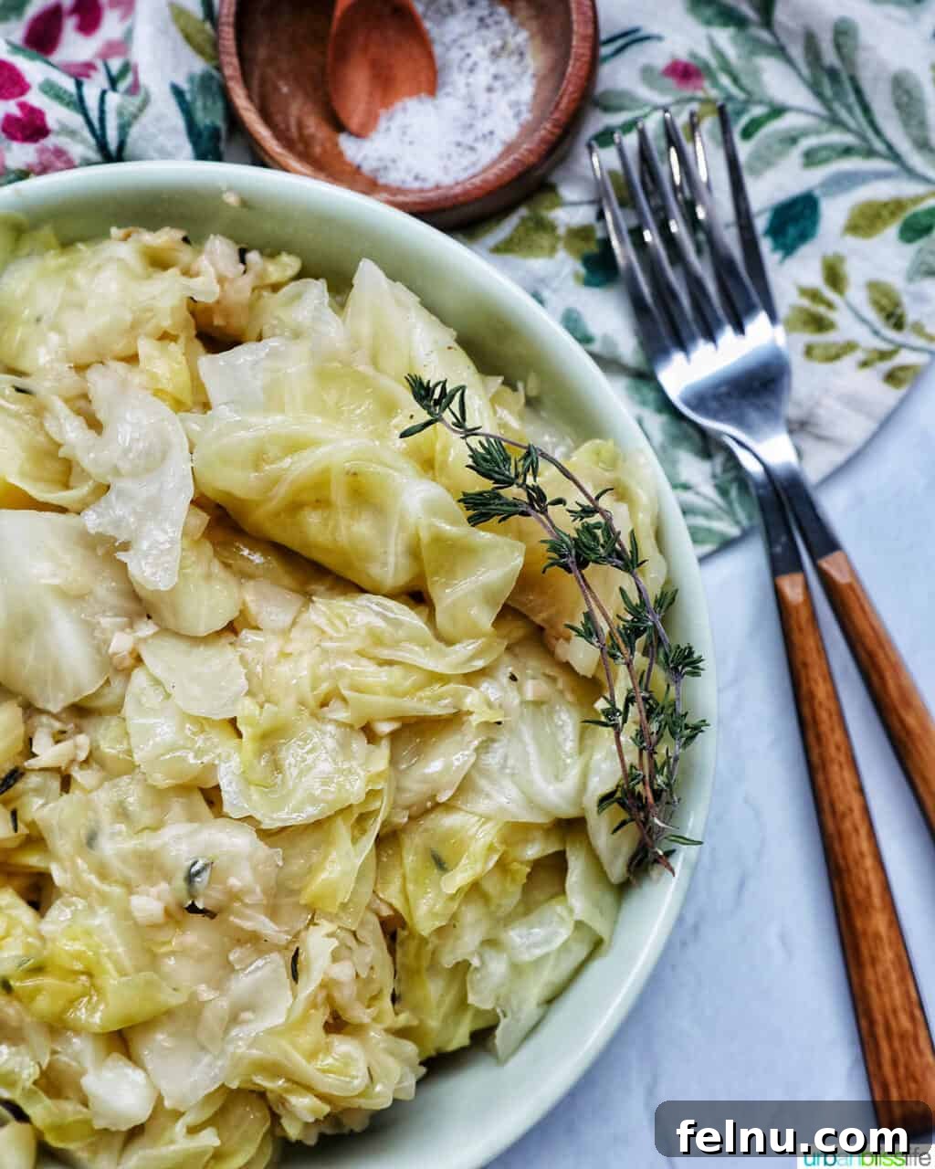 Effortless Instant Pot Cabbage 10 A close-up view of tender, cooked Instant Pot Cabbage in a rustic bowl, with a fork poised to take a bite, emphasizing its appetizing texture.