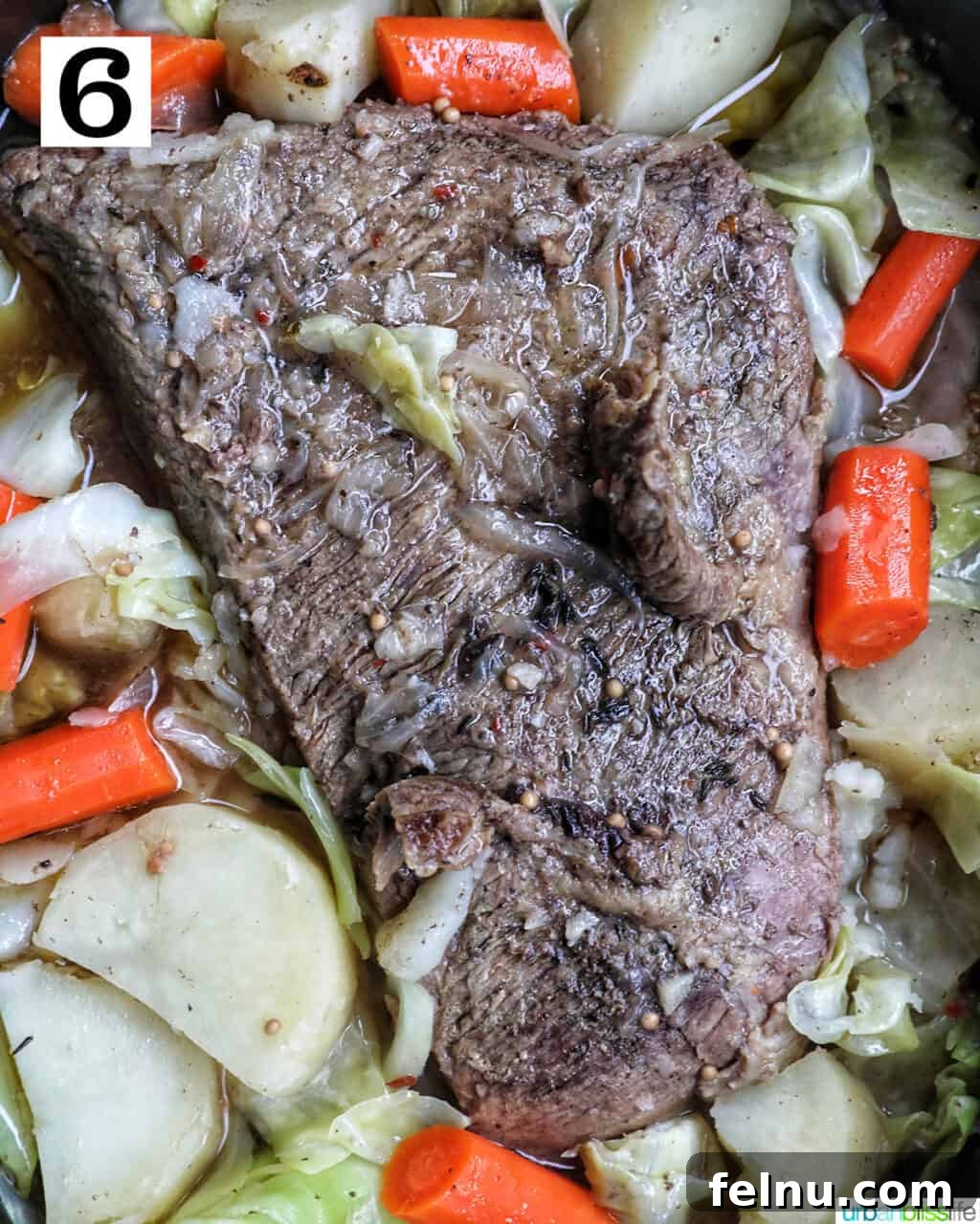 Tender Dutch Oven Brisket 11 brisket in a Dutch oven with carrots, potatoes, and cabbage.