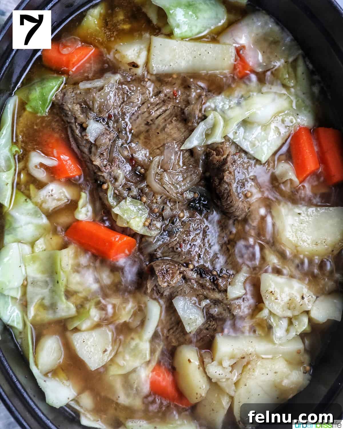 Tender Dutch Oven Brisket 12 brisket in a Dutch oven with carrots, potatoes, and cabbage.