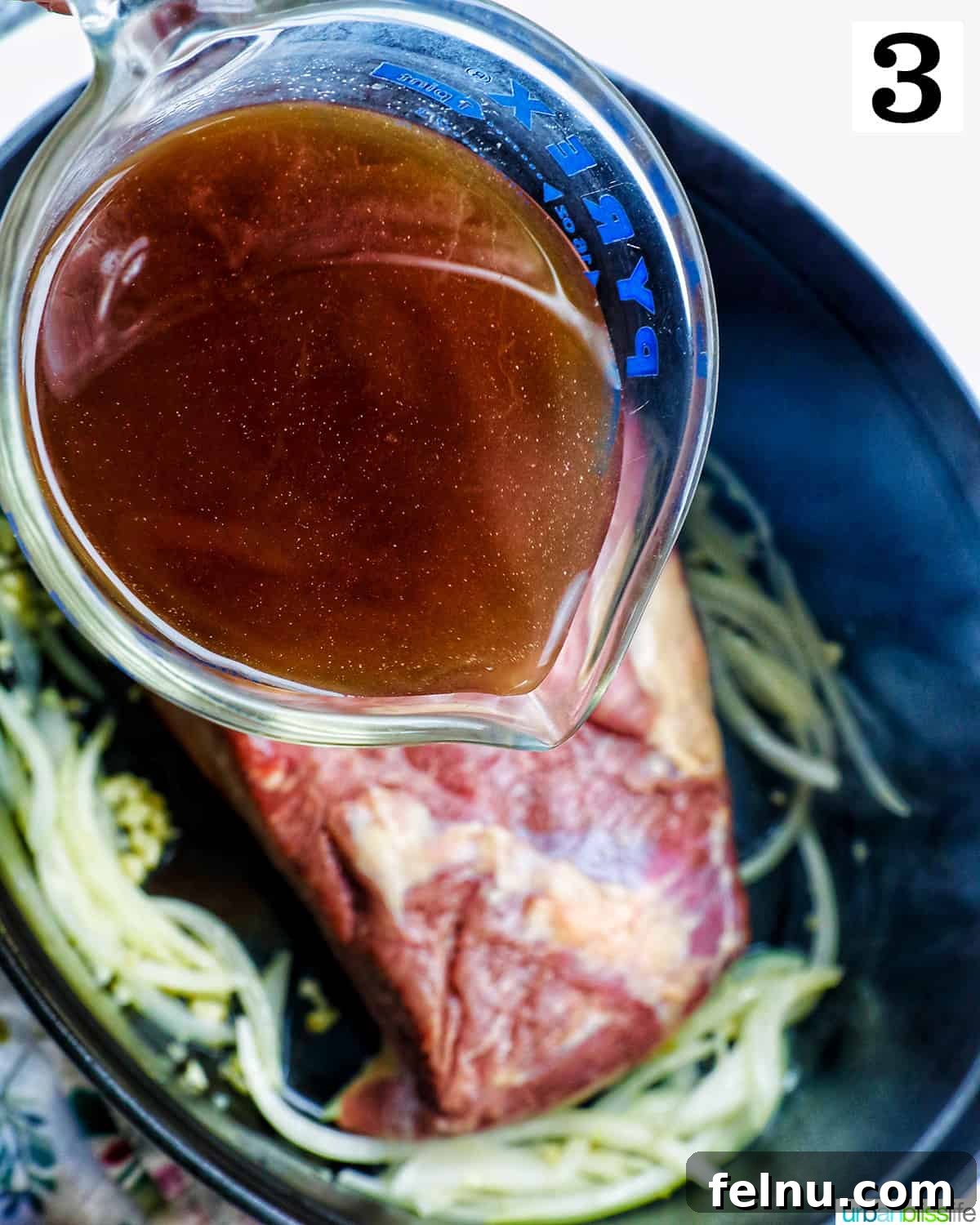 Tender Dutch Oven Brisket 7 pouring beef broth into a dutch oven with beef brisket.