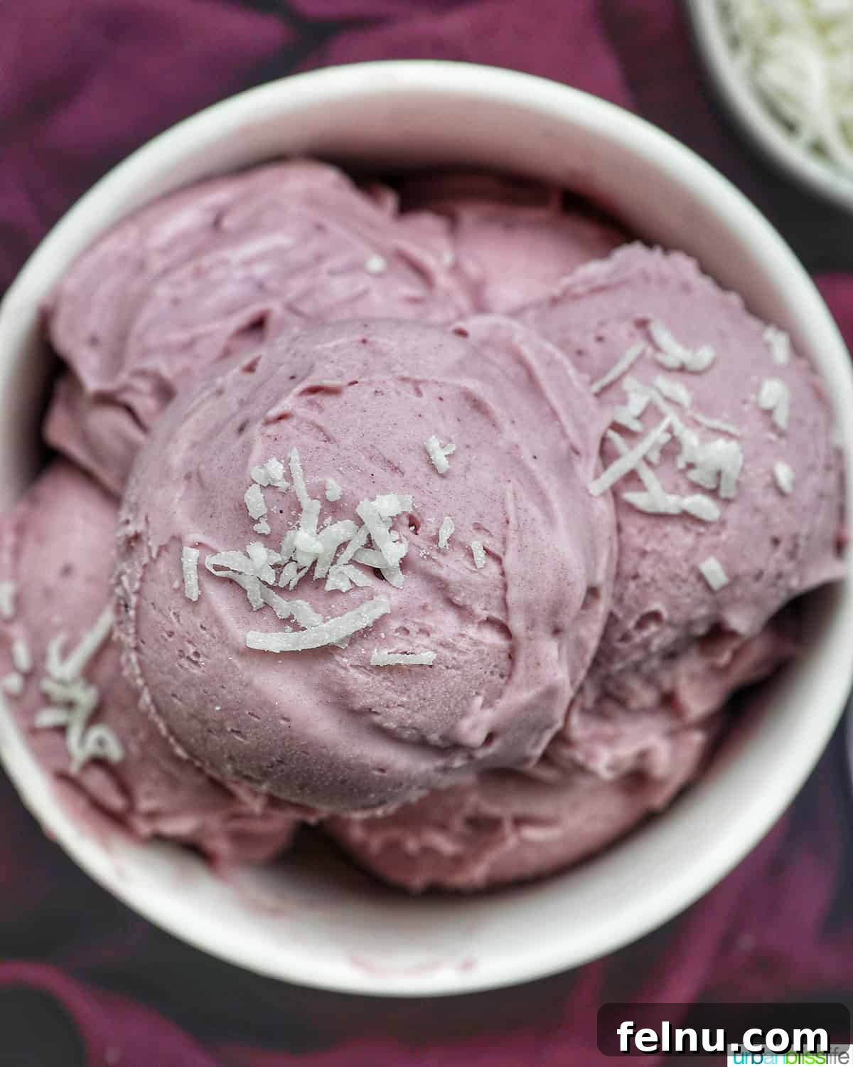 A bowl of homemade ube ice cream topped with coconut flakes