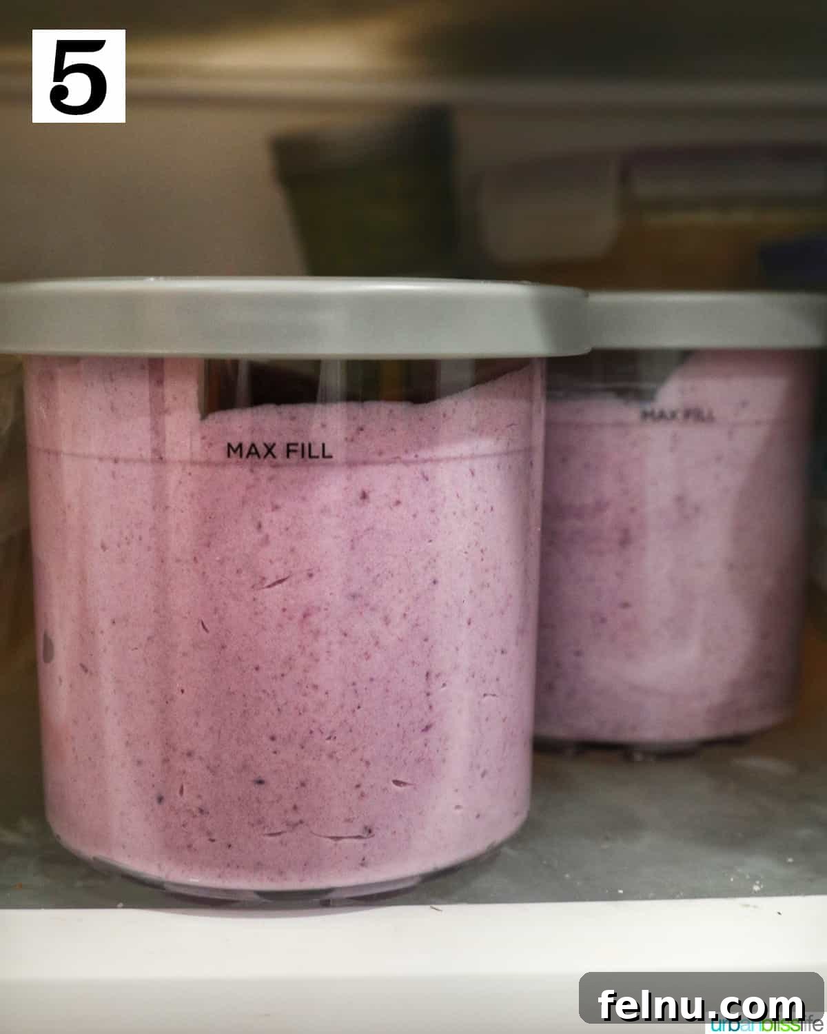 Ube ice cream in Ninja Foodi pint containers in the freezer