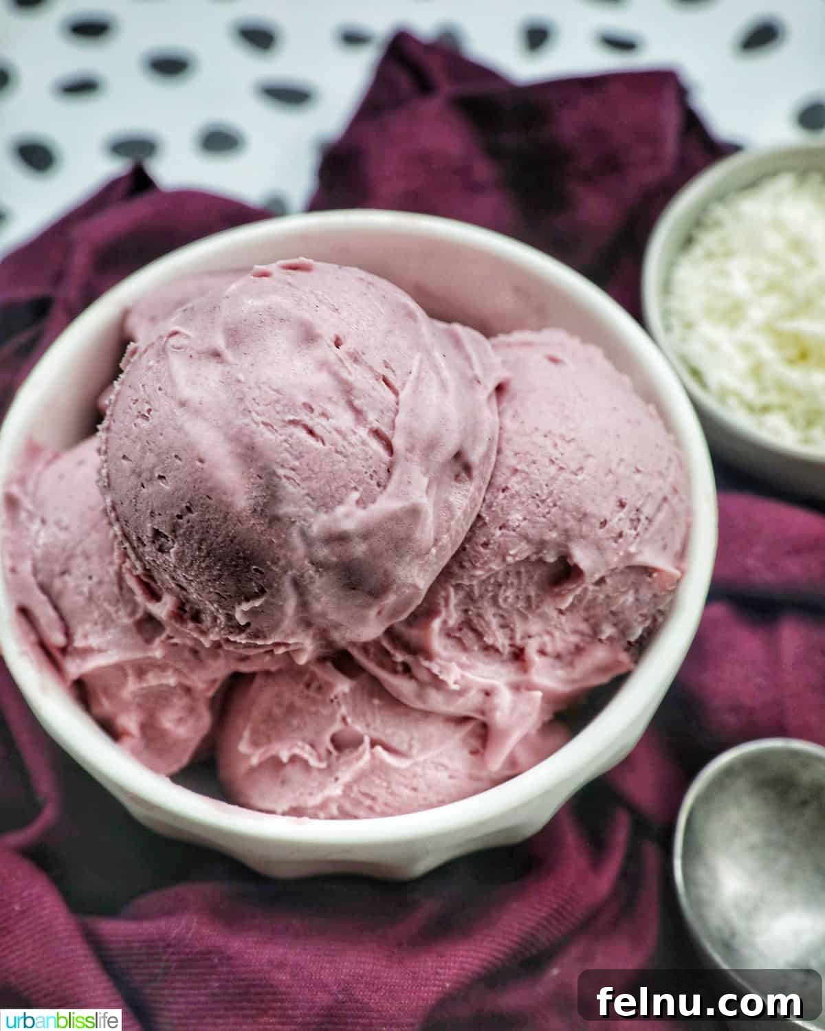 A bowl of homemade ube ice cream