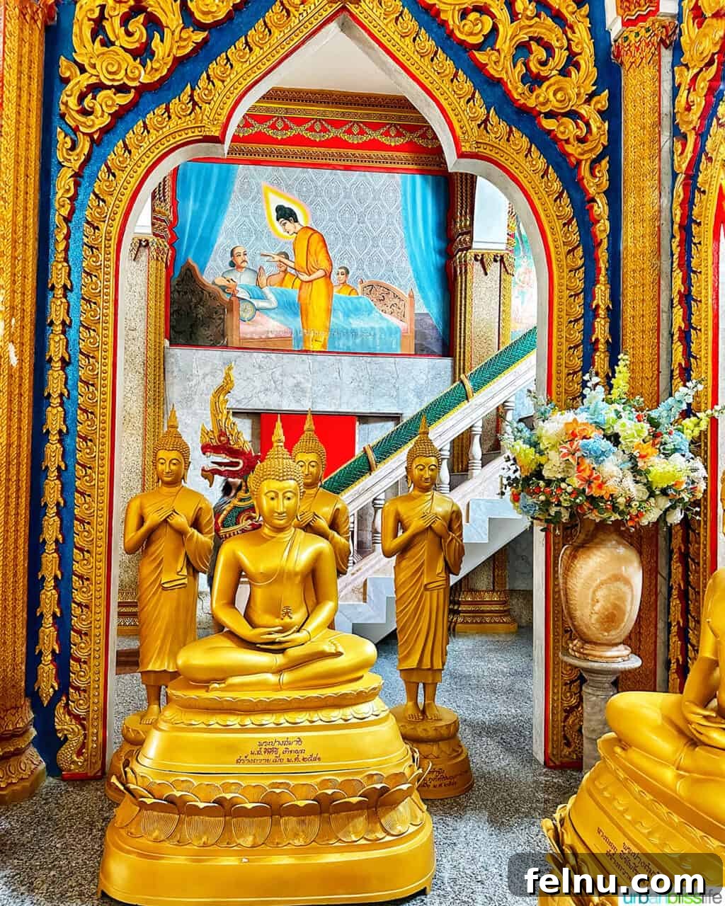 Wat Chalong Temple: A Spiritual Journey in Phuket 3 Golden Buddha statues inside the prayer hall of Wat Chalong Temple in Phuket, Thailand, reflecting the temple's rich spiritual heritage.