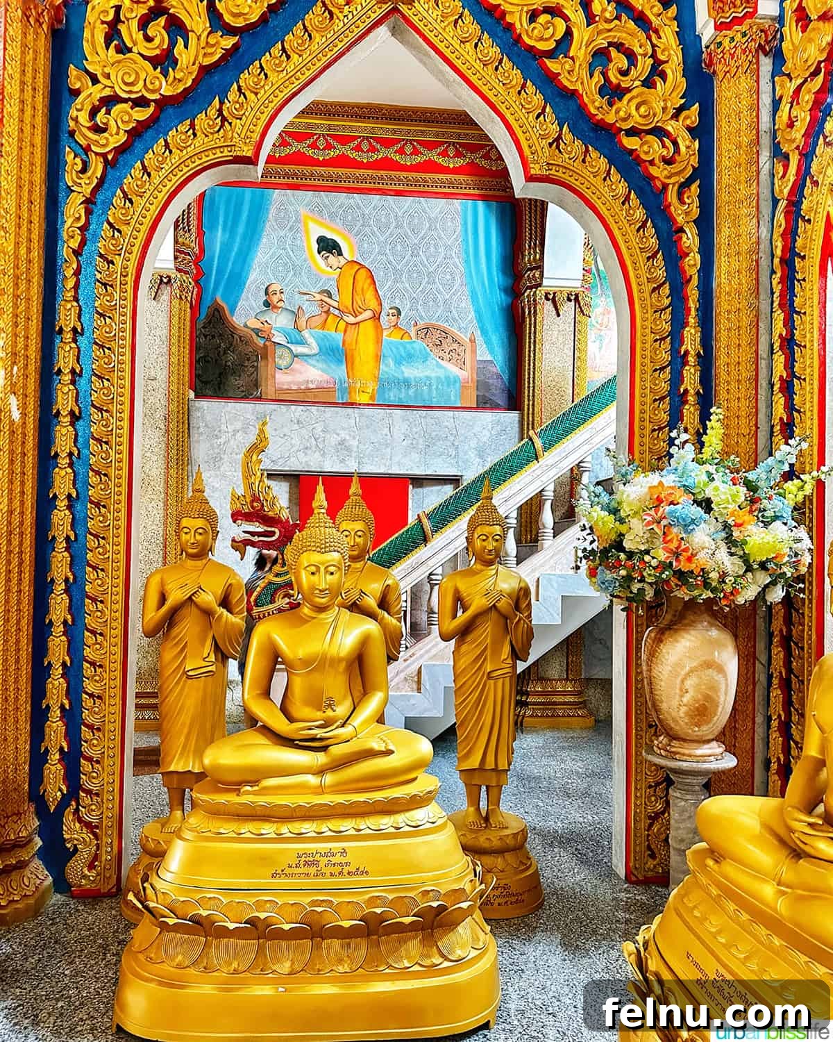 Wat Chalong Temple: A Spiritual Journey in Phuket 10 Golden Buddha statues inside the prayer hall of Wat Chalong Temple in Phuket Thailand, reflecting the temple's rich spiritual heritage.