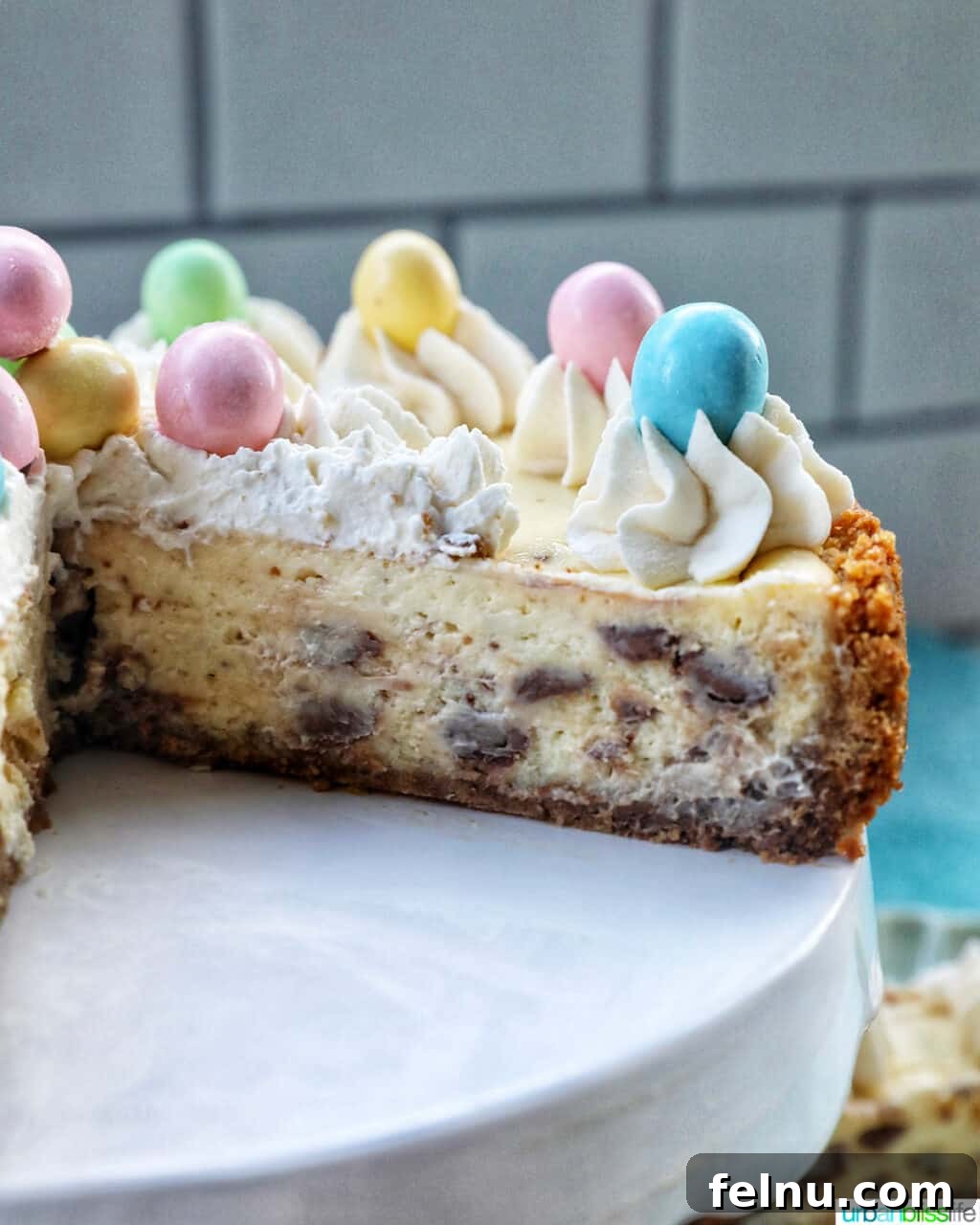 Easter Egg Delight Cheesecake 3 A slice of Easter egg cheesecake revealing the layers of crust, filling, and chocolate eggs.