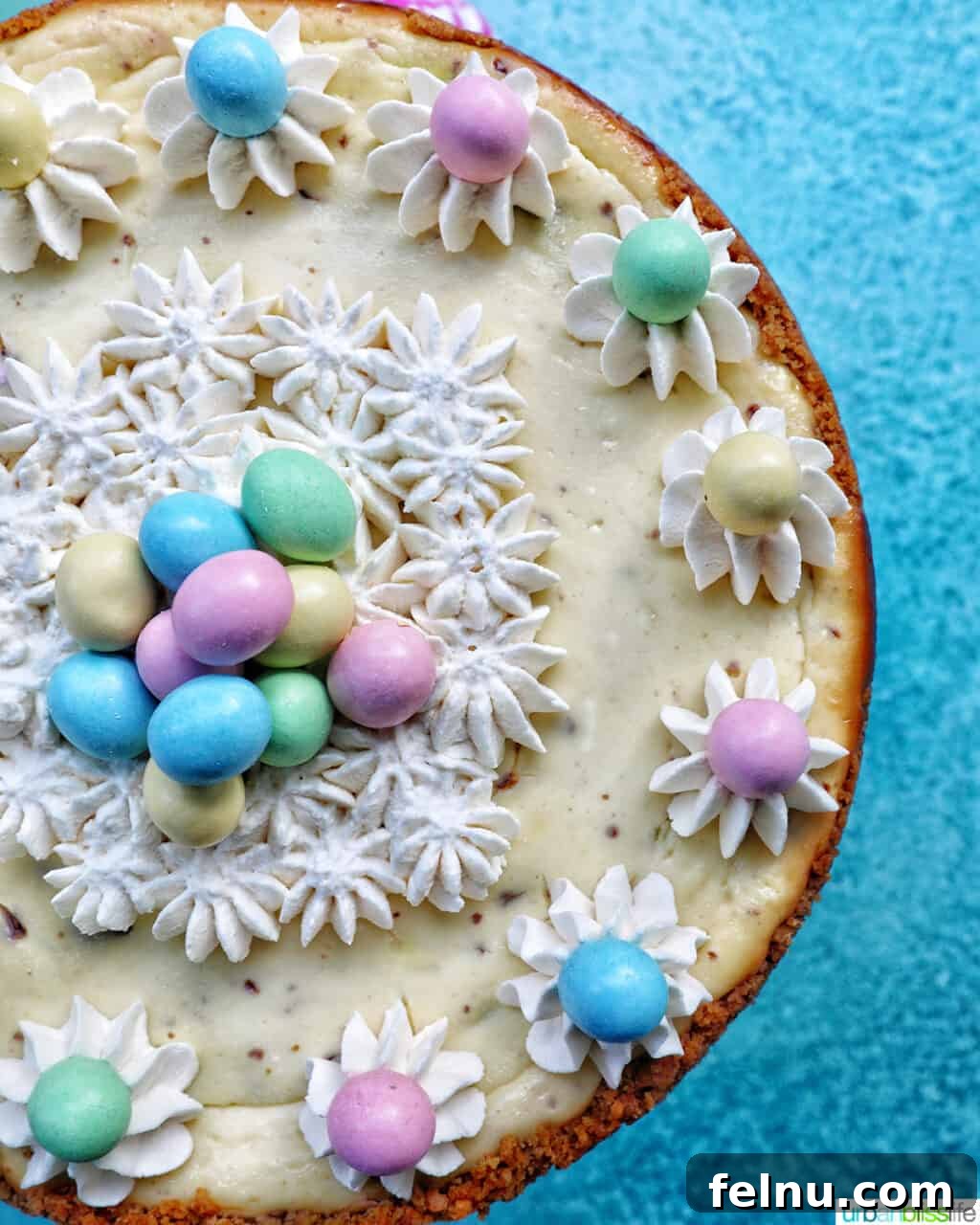 Easter Egg Delight Cheesecake 23 Close-up of an Easter egg cheesecake.