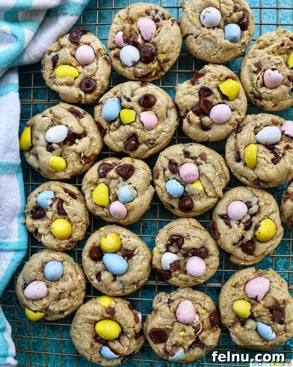 Effortless Mini Egg Cookies 13 Several rows of beautifully baked Easter mini egg cookies cooling on a wire rack, ready to be enjoyed.