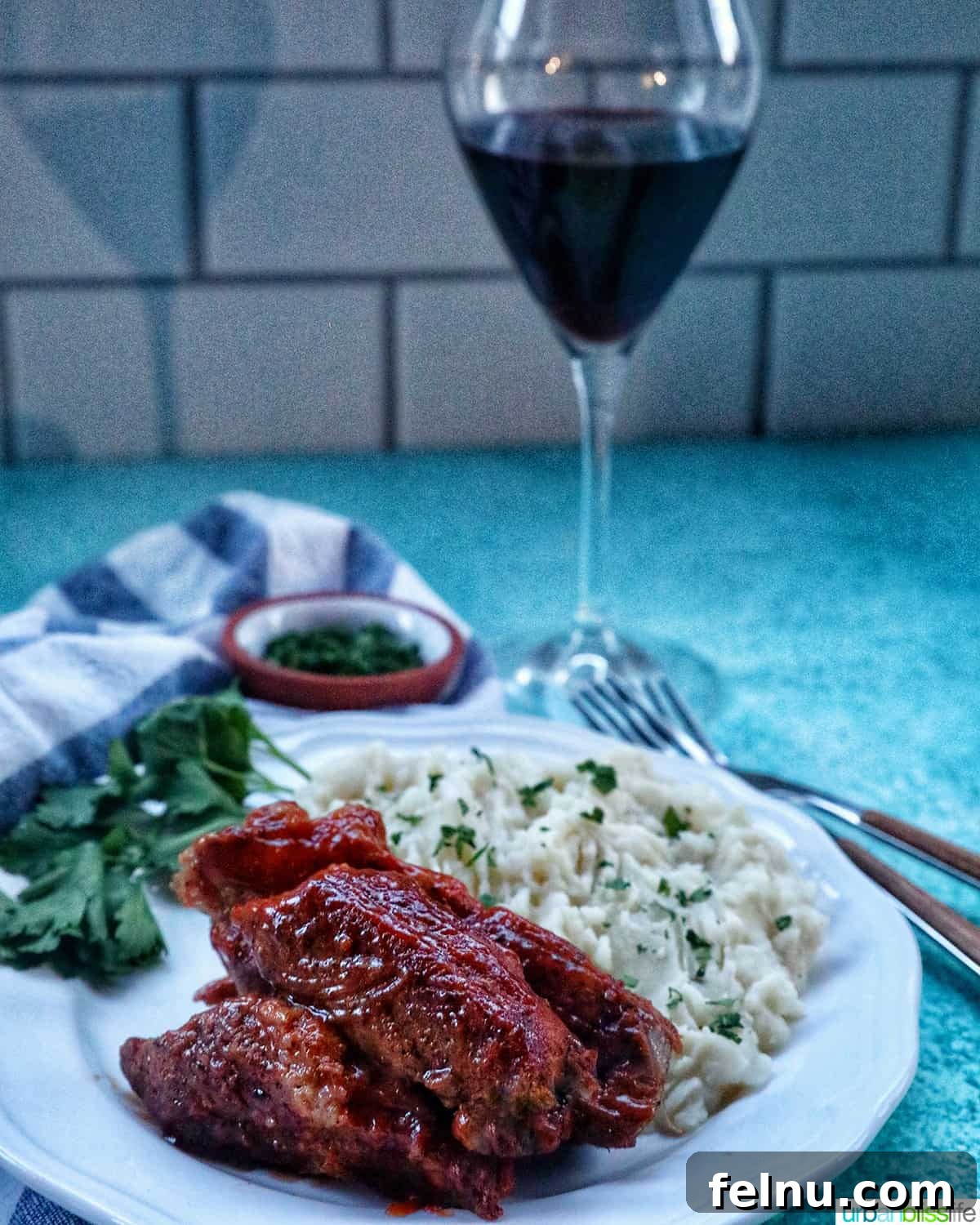 Instant Pot country style ribs and mashed potatoes with red wine.