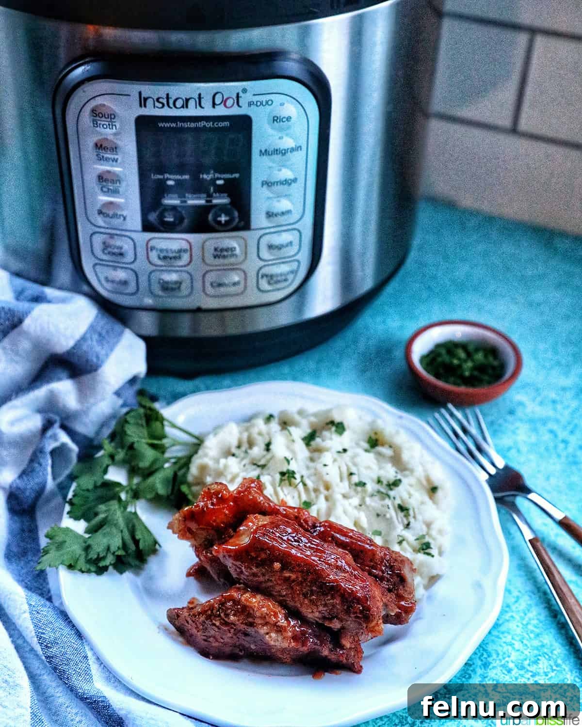 Instant Pot country style ribs with mashed potatoes and herbs next to an Instant Pot.