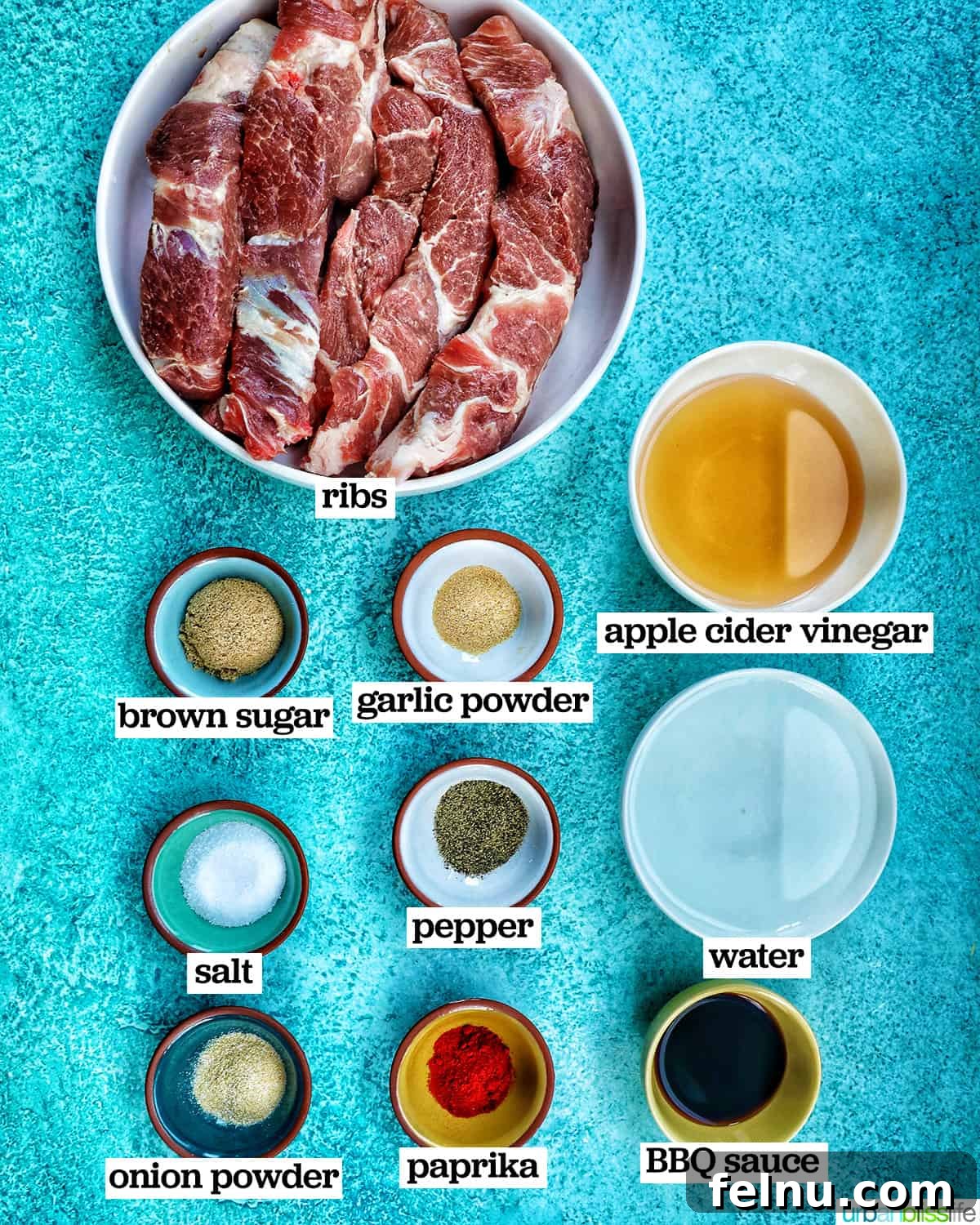 Bowls of ingredients for Instant Pot country style ribs.