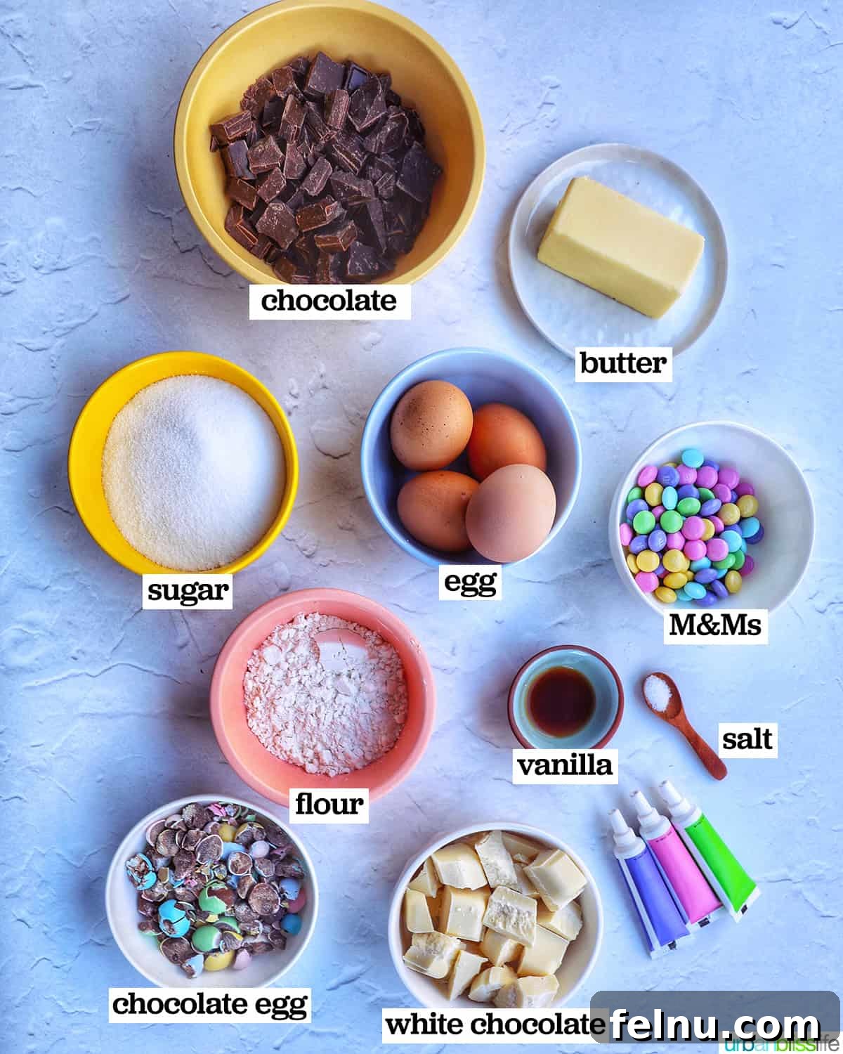 Easter Chocolate Squares 4 A captivating display of ingredients for making Easter brownies, neatly arranged in bowls.