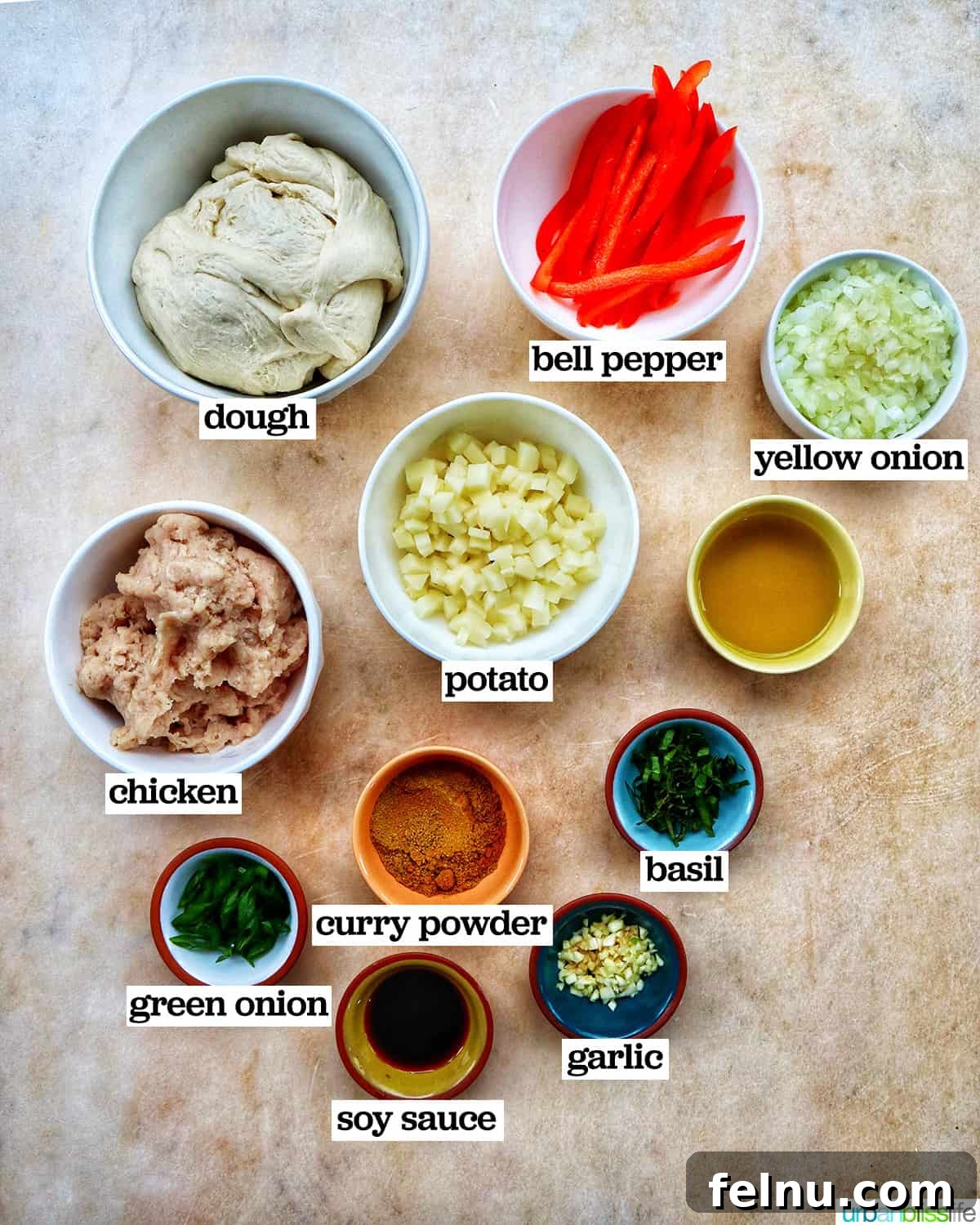 Thai Curry Pizza Delight 4 Bowls of ingredients to make Thai curry pizza