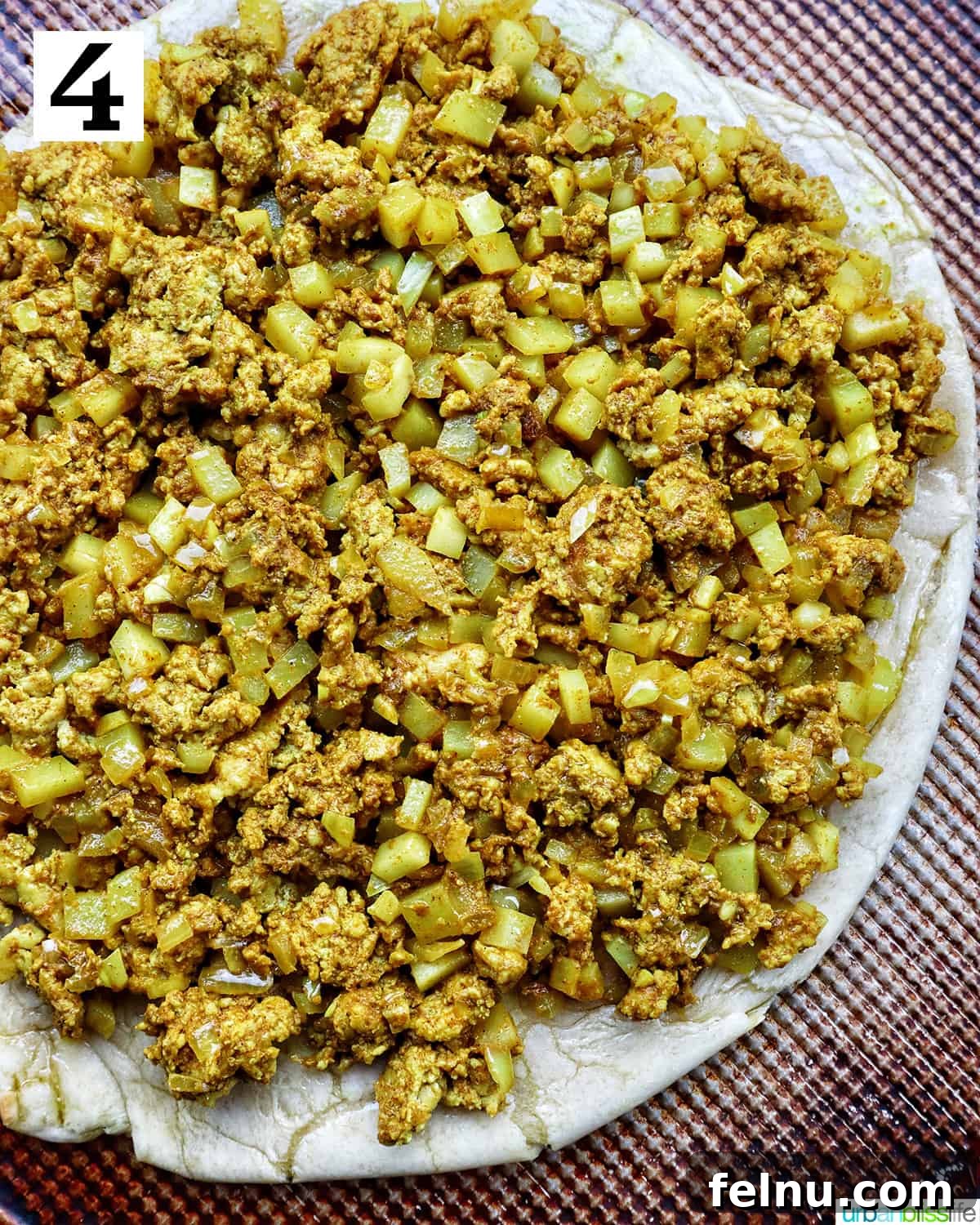 Thai Curry Pizza Delight 8 Thai curry pizza toppings placed on pizza dough