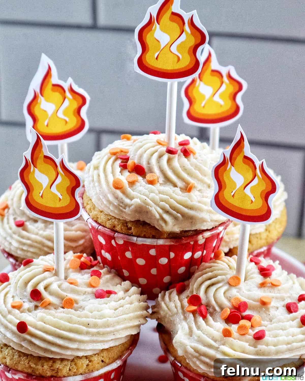 Fiery Cupcakes 2 Stack of Fireball Cupcakes with Sprinkles