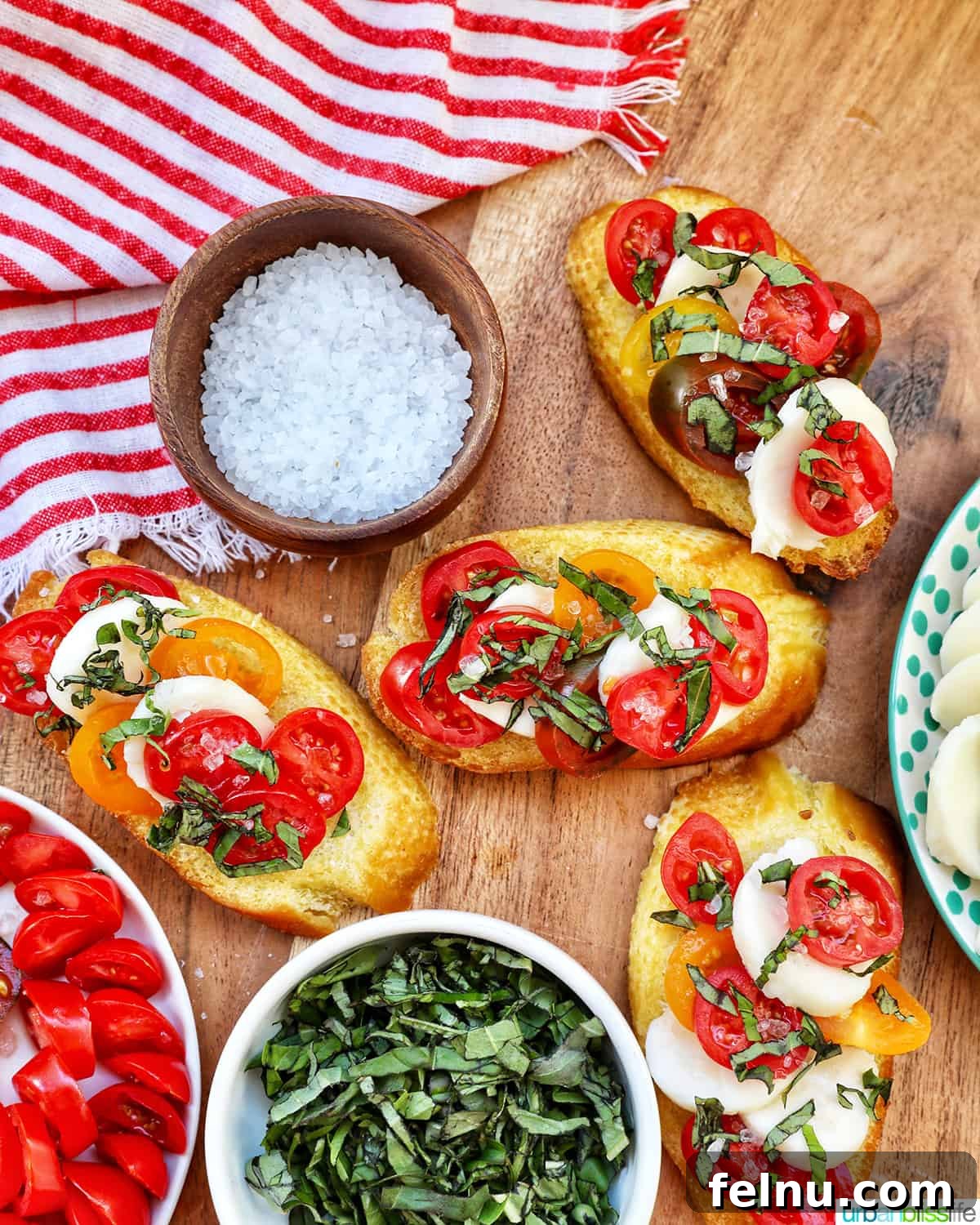 Crispy crostini topped with vibrant red tomatoes, fresh white mozzarella, and green basil leaves, arranged around a bowl of sea salt and plates with additional ingredients.