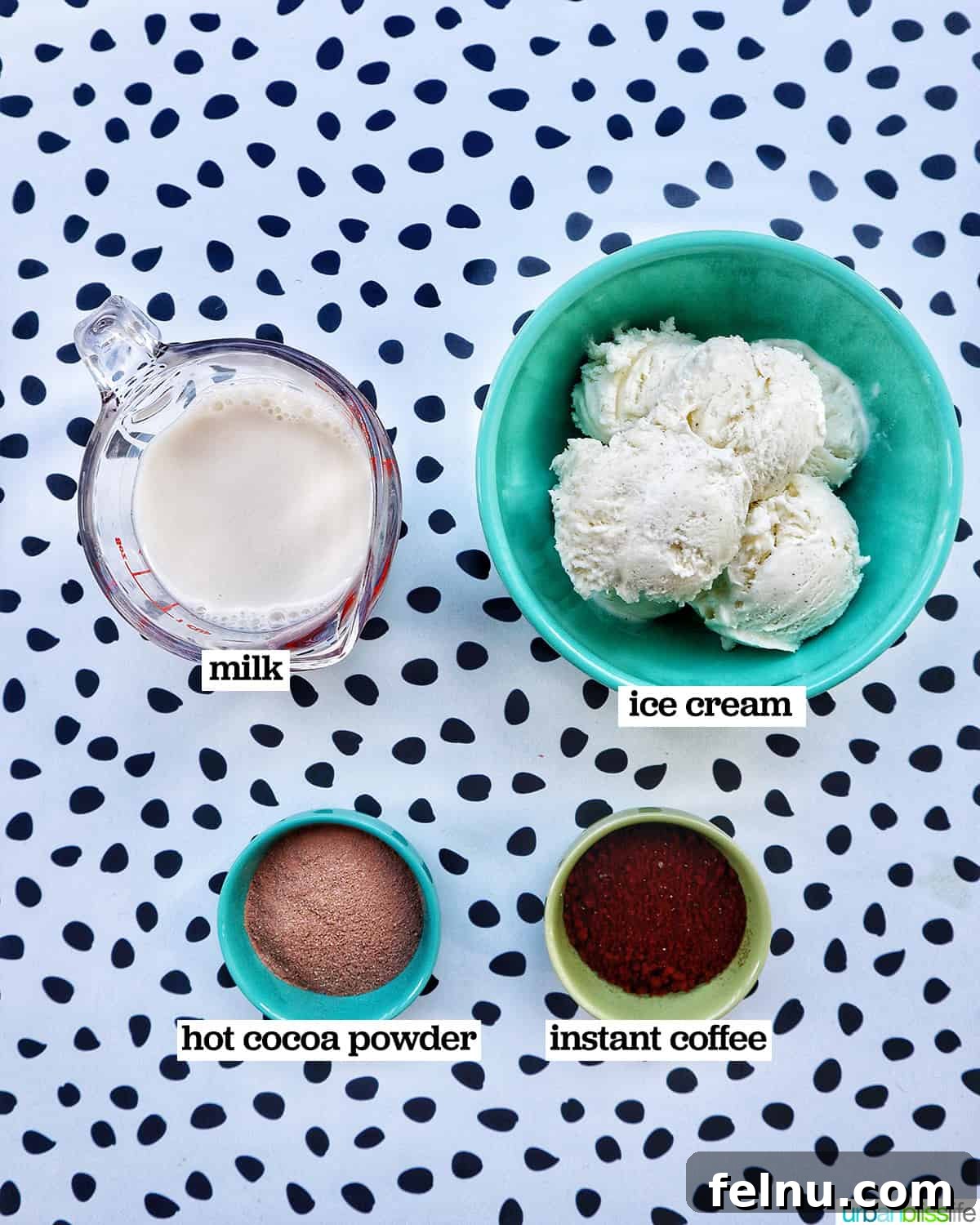 Ingredients for a Coffee Milkshake in bowls