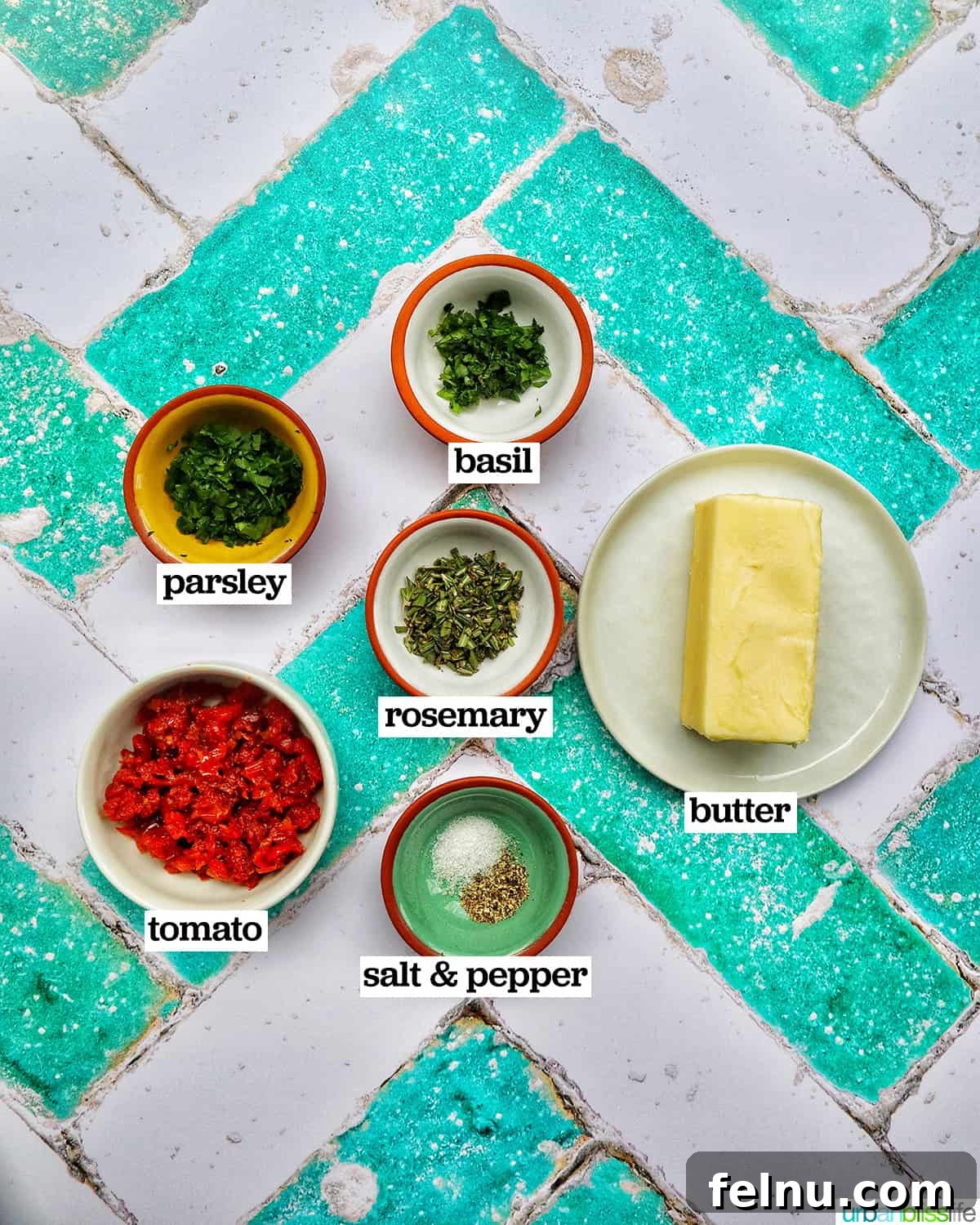 Bowls of ingredients to make sun-dried tomato butter.
