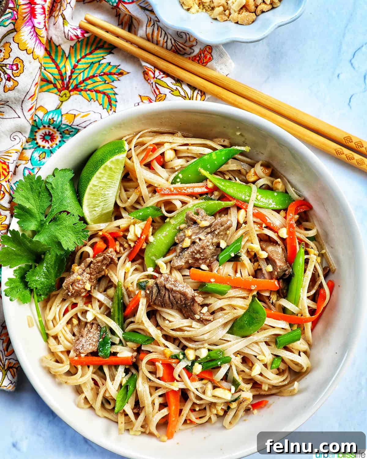 Pad See Ew Versus Pad Thai Your Ultimate Noodle Showdown 3 A bowl of beef Pad Thai noodles with chopsticks resting on the rim.
