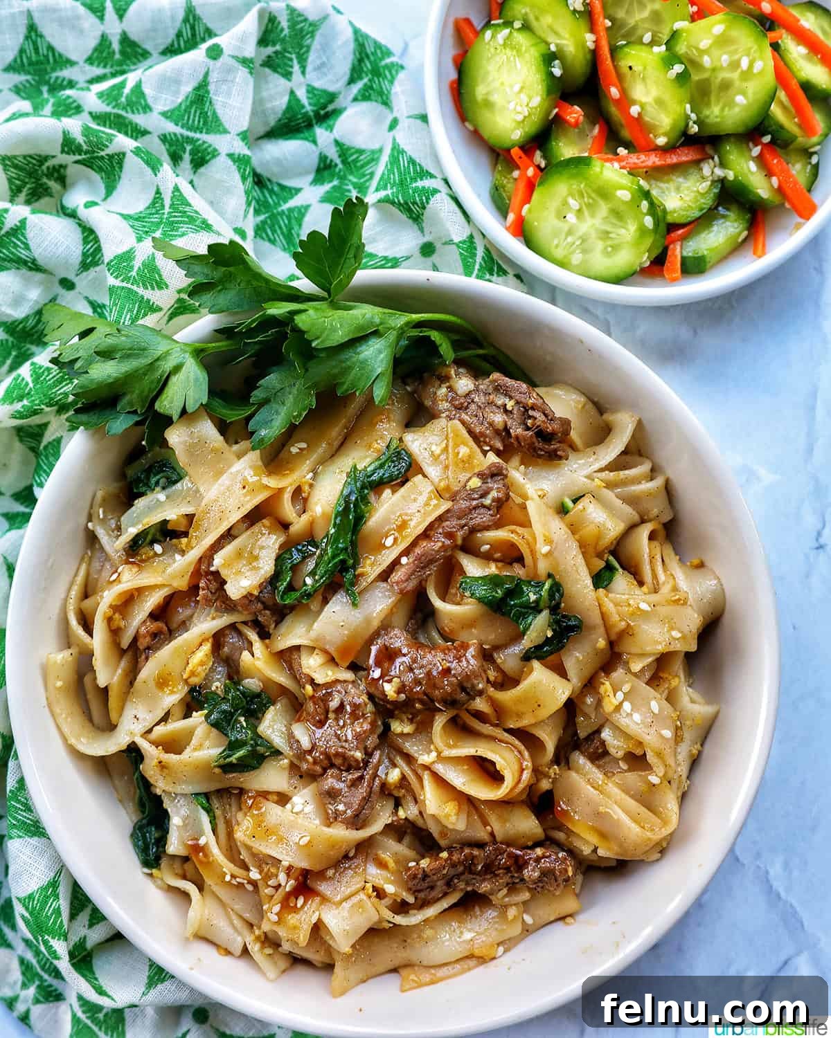 Pad See Ew Versus Pad Thai Your Ultimate Noodle Showdown 5 A bowl of beef Pad See Ew noodles with bok choy, chopsticks, and a side of cucumber salad.